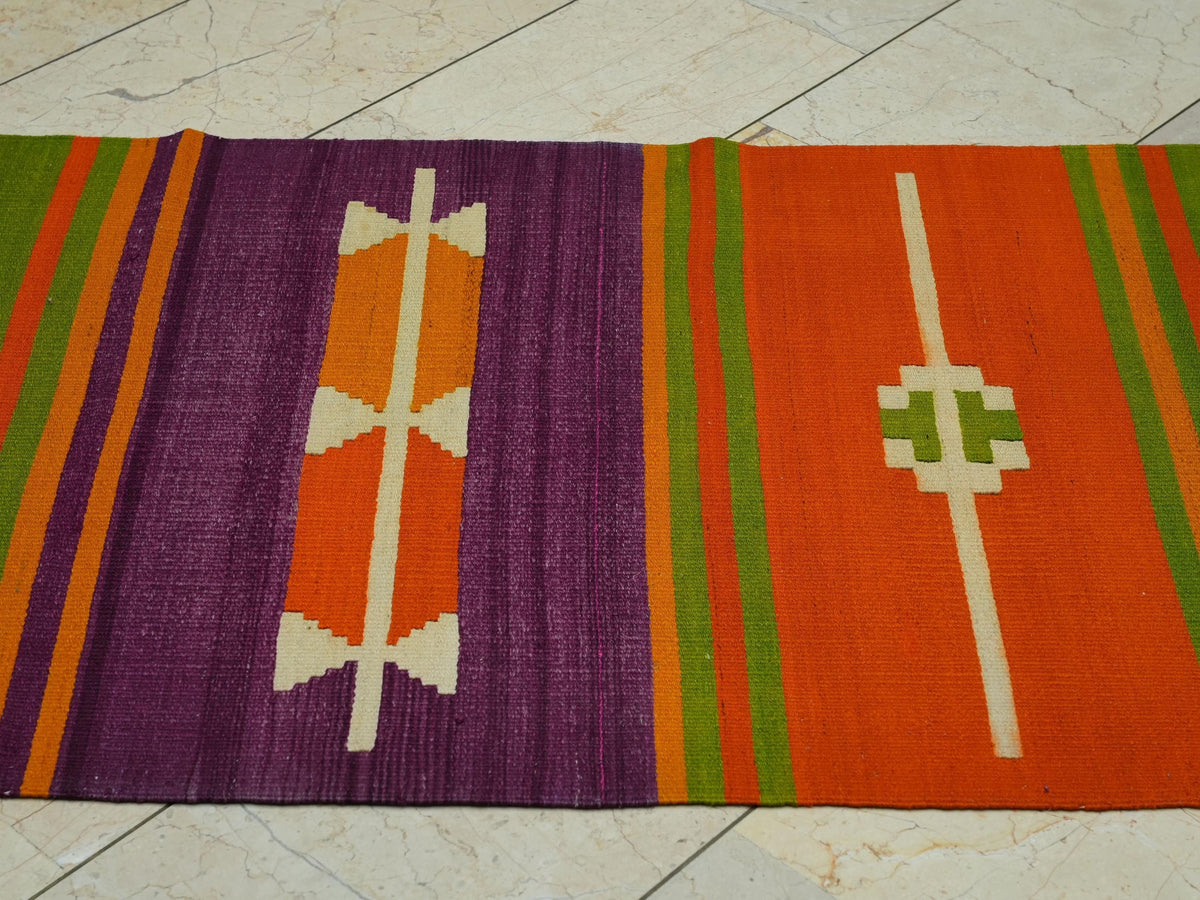 Multi Bright Colors Striped Turkish Kilim Rug Runner: 3X13.6 Feet,Primitive Design Handmade Rugs.