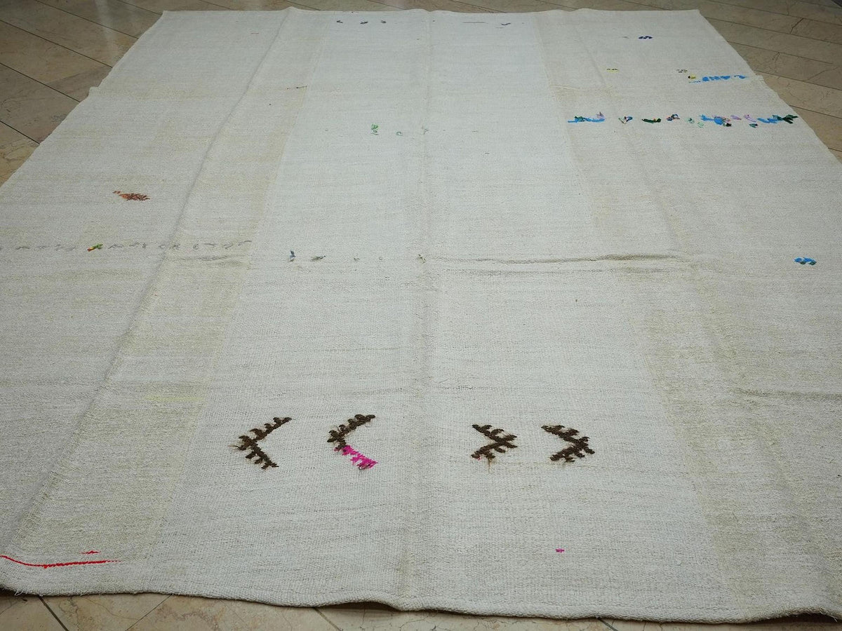 Oversized Organic Hemp Kilim Rug: 9.4 x 11.7 ft, Vintage Turkish Flat-weave Rugs.