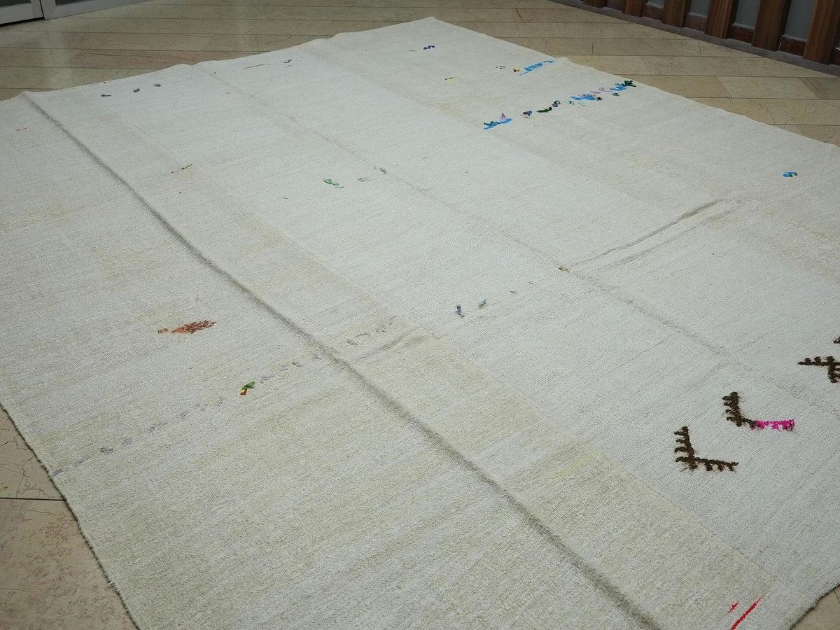 Oversized Organic Hemp Kilim Rug: 9.4 x 11.7 ft, Vintage Turkish Flat-weave Rugs.