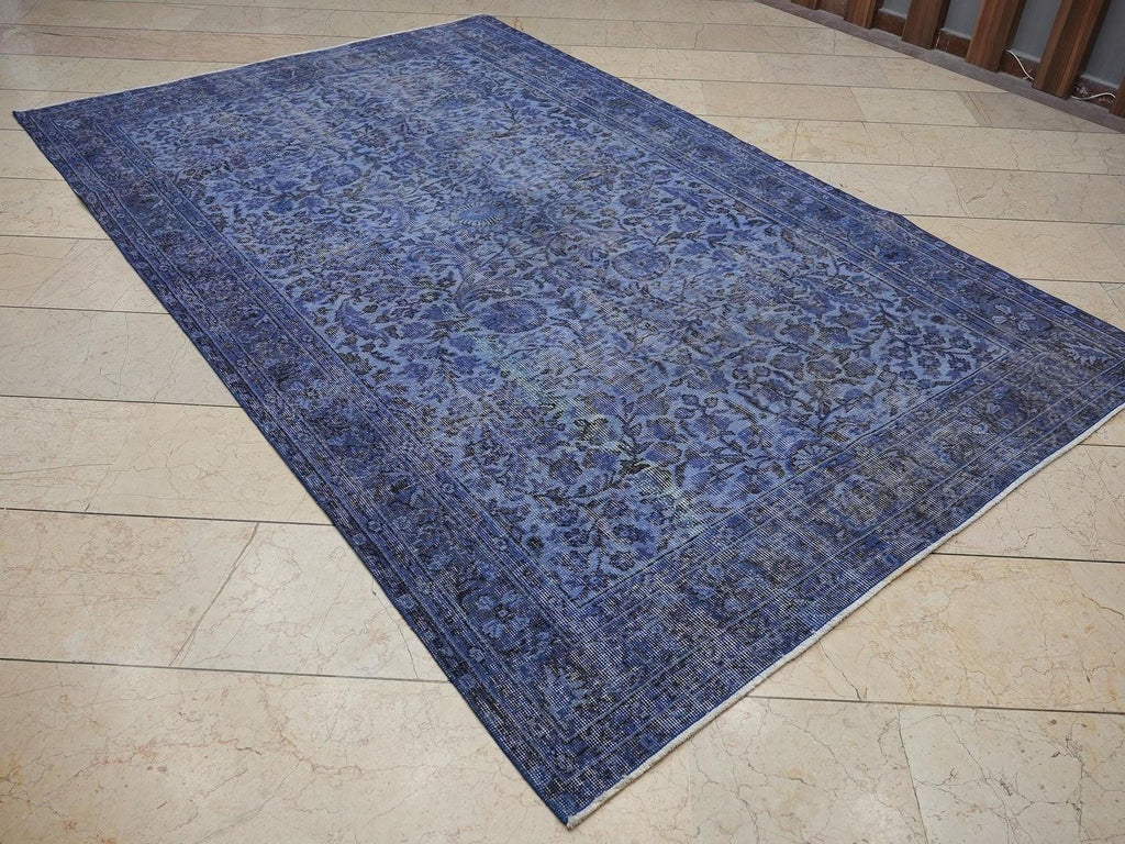 Overdyed Blue Vintage Turkish Oushak Rug - 5,7x9 Ft, Seasonal Home Living Area Carpet
