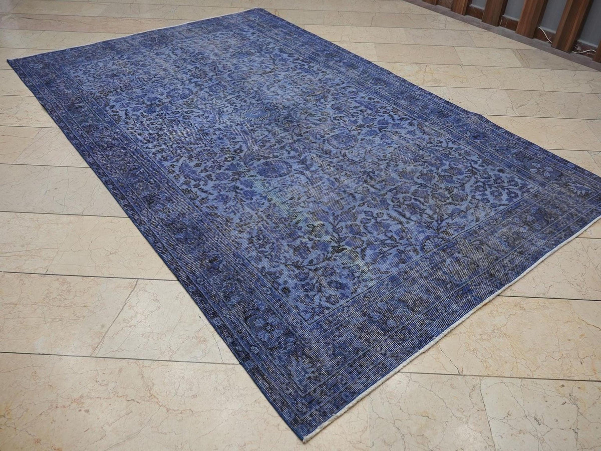 Overdyed Blue Vintage Turkish Oushak Rug - 5,7x9 Ft, Seasonal Home Living Area Carpet