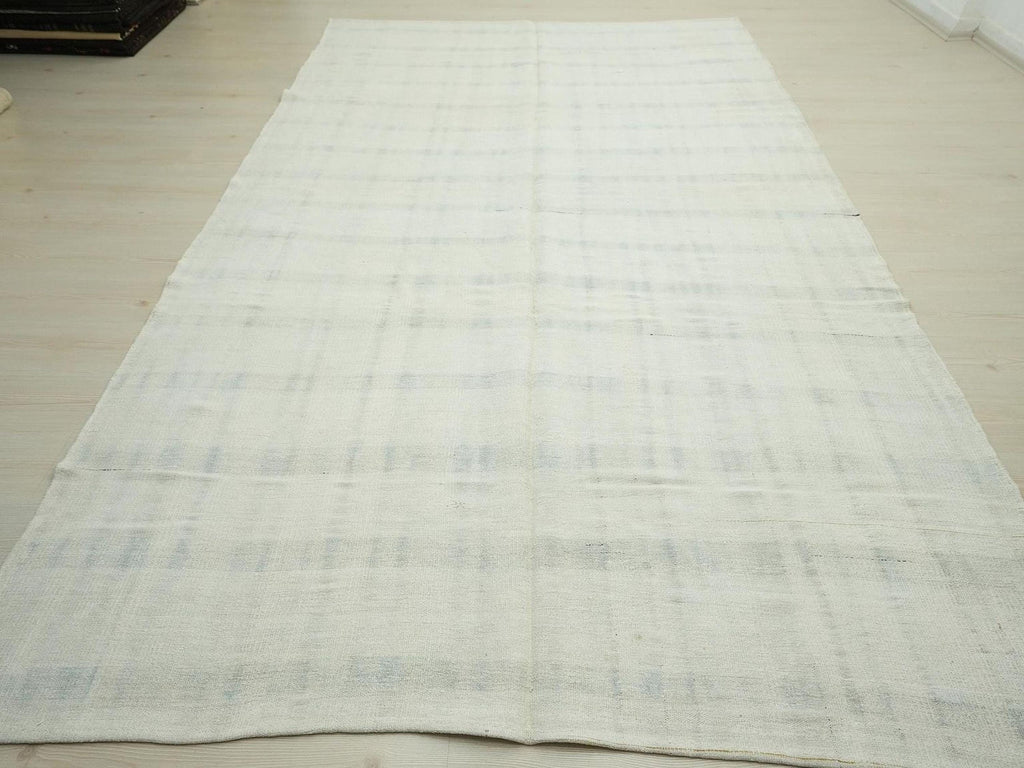 Scandinavian Home Style Handwoven Hemp Kilim Rug: Vintage Gray Stripe White Rugs 7x11,6 Feet.