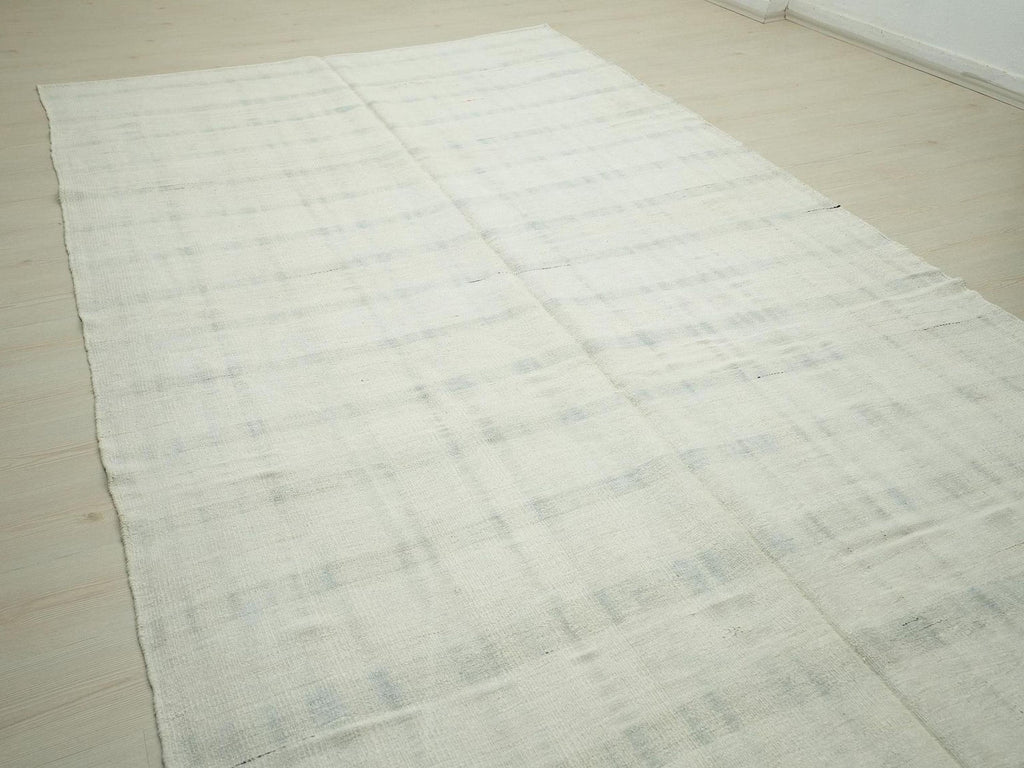 Scandinavian Home Style Handwoven Hemp Kilim Rug: Vintage Gray Stripe White Rugs 7x11,6 Feet.