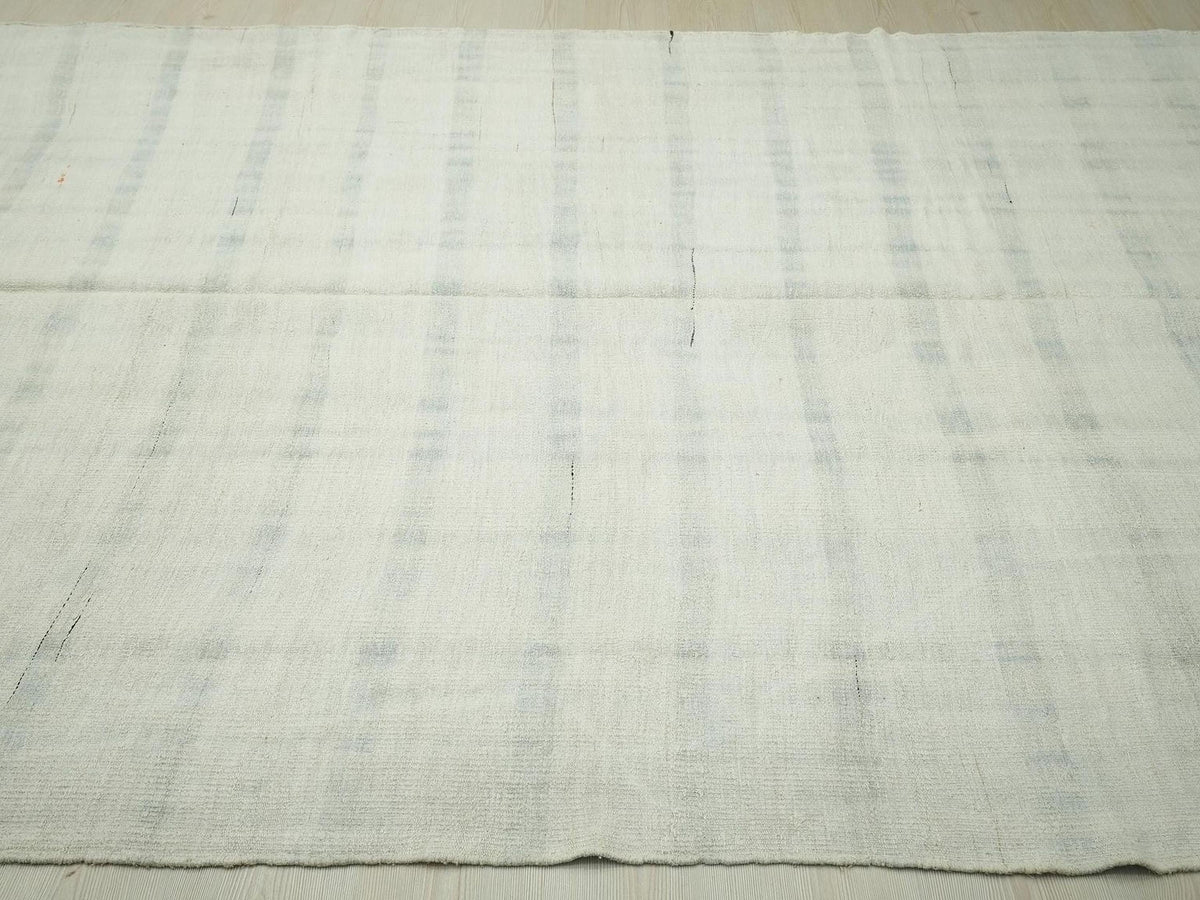Scandinavian Home Style Handwoven Hemp Kilim Rug: Vintage Gray Stripe White Rugs 7x11,6 Feet.