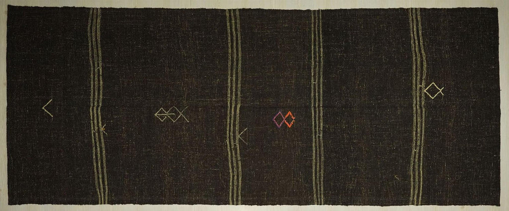 Handmade Goat Hair Kilim Rug: Dark Brown & Cream Striped Long Rugs, 4.7x11.7 ft.