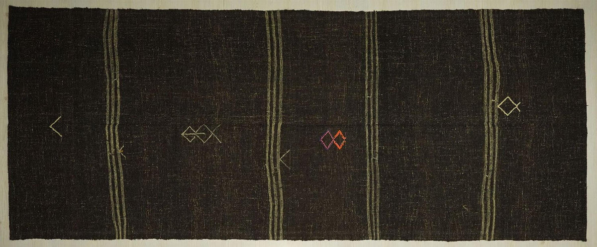 Handmade Goat Hair Kilim Rug: Dark Brown & Cream Striped Long Rugs, 4.7x11.7 ft.