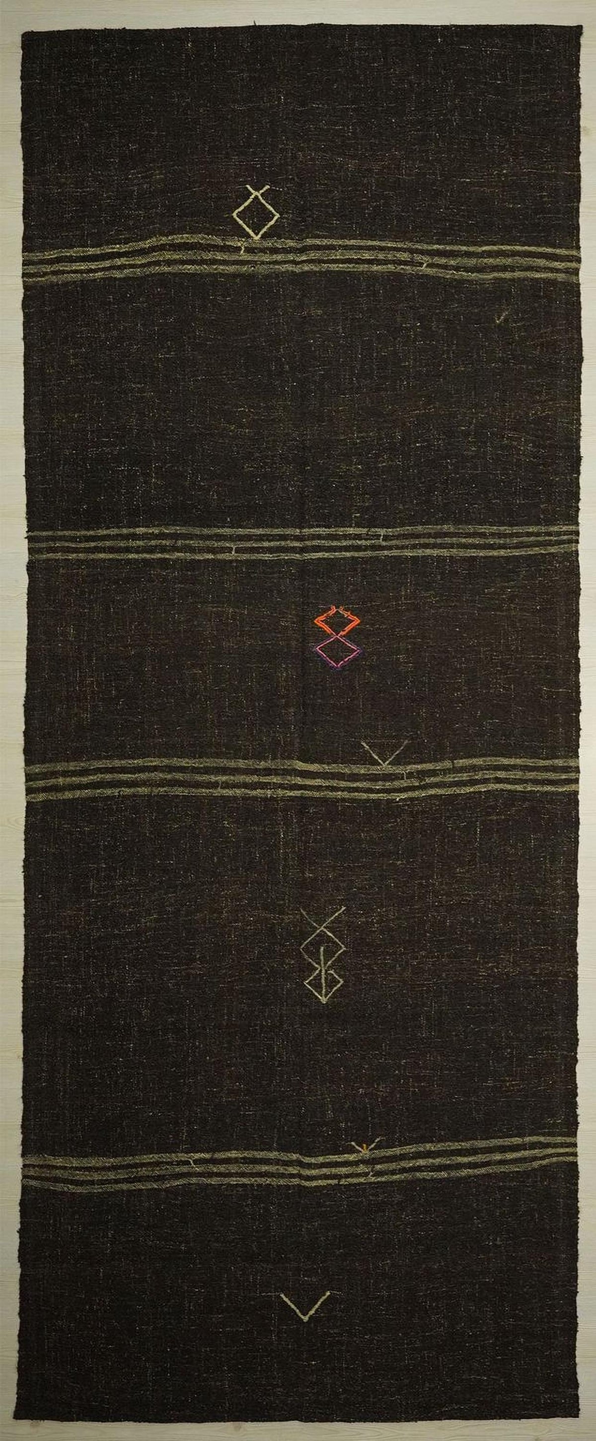 Handmade Goat Hair Kilim Rug: Dark Brown & Cream Striped Long Rugs, 4.7x11.7 ft.