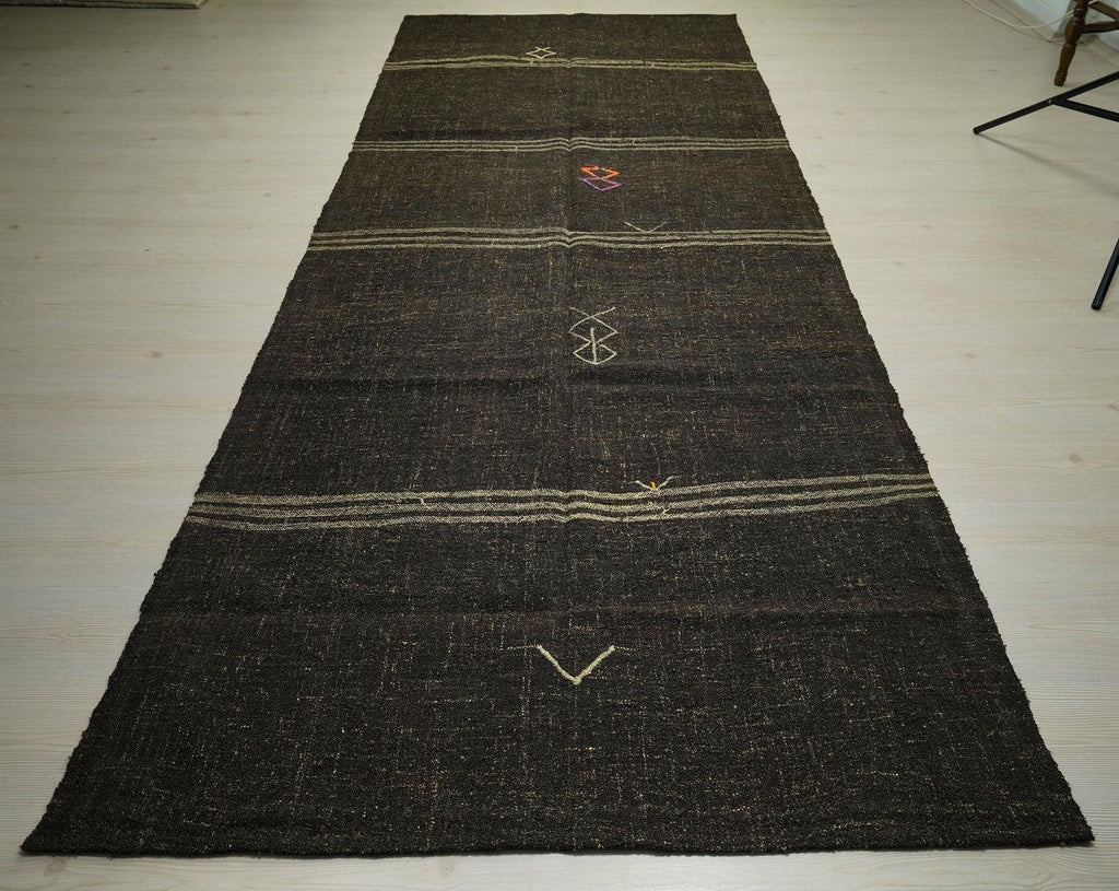 Handmade Goat Hair Kilim Rug: Dark Brown & Cream Striped Long Rugs, 4.7x11.7 ft.