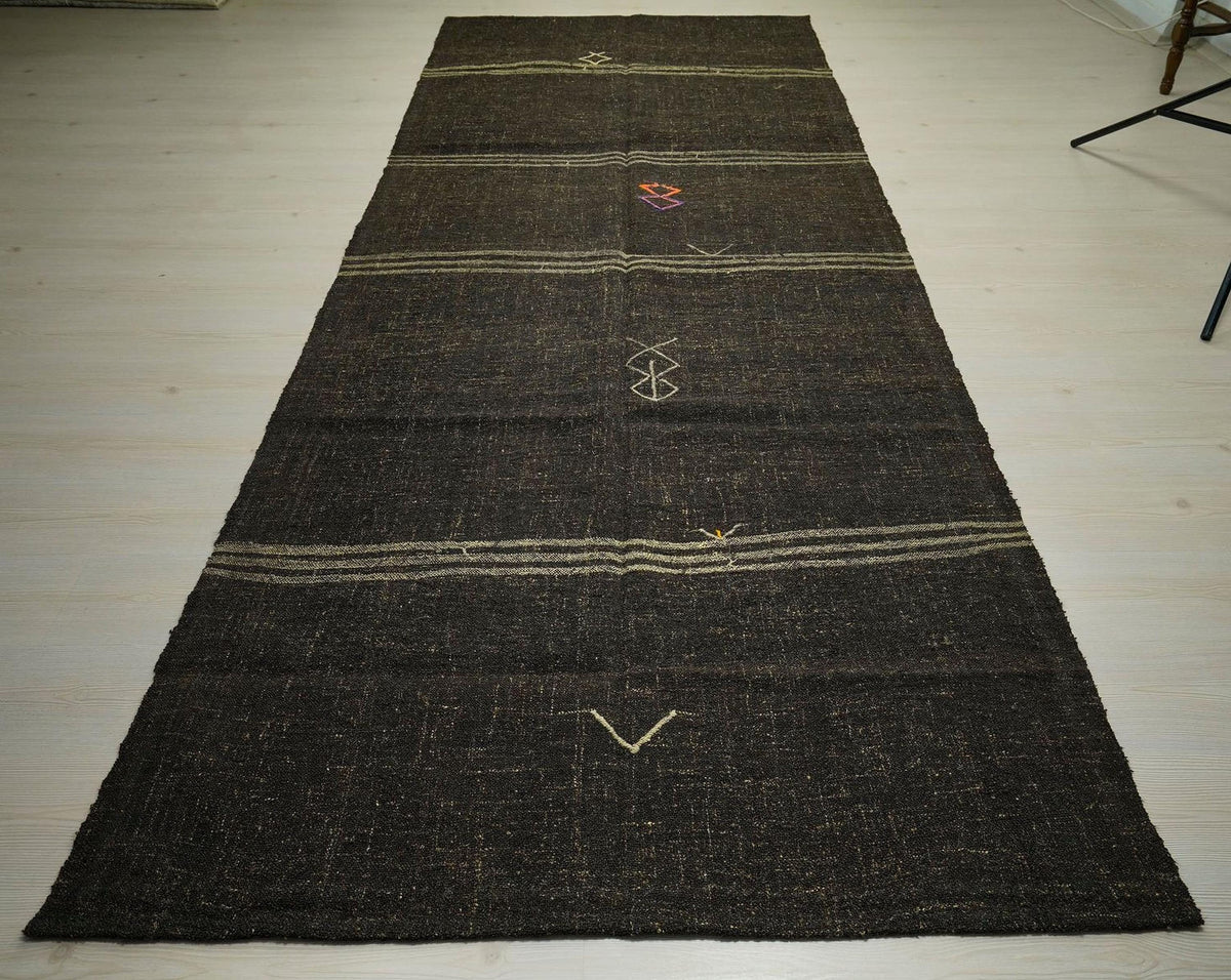 Handmade Goat Hair Kilim Rug: Dark Brown & Cream Striped Long Rugs, 4.7x11.7 ft.