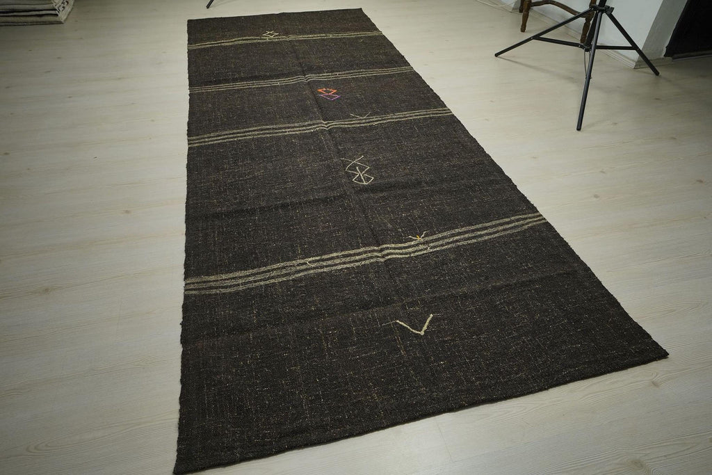 Handmade Goat Hair Kilim Rug: Dark Brown & Cream Striped Long Rugs, 4.7x11.7 ft.