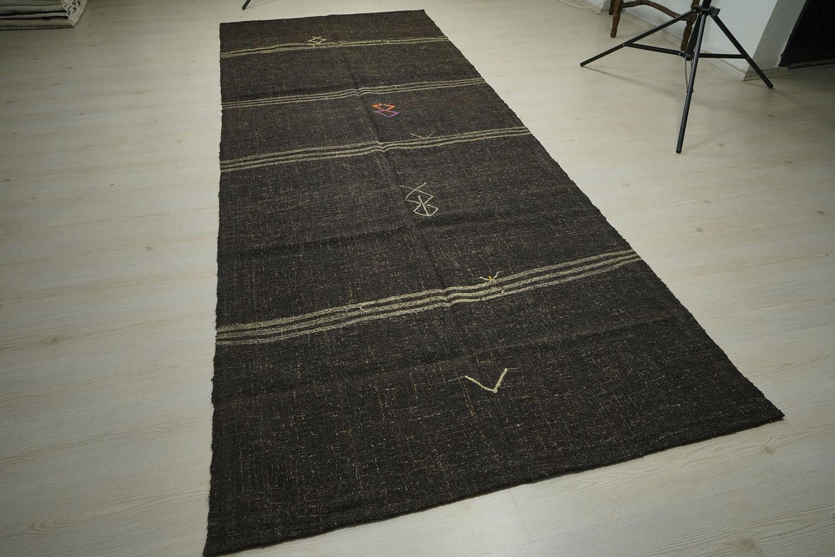 Handmade Goat Hair Kilim Rug: Dark Brown & Cream Striped Long Rugs, 4.7x11.7 ft.