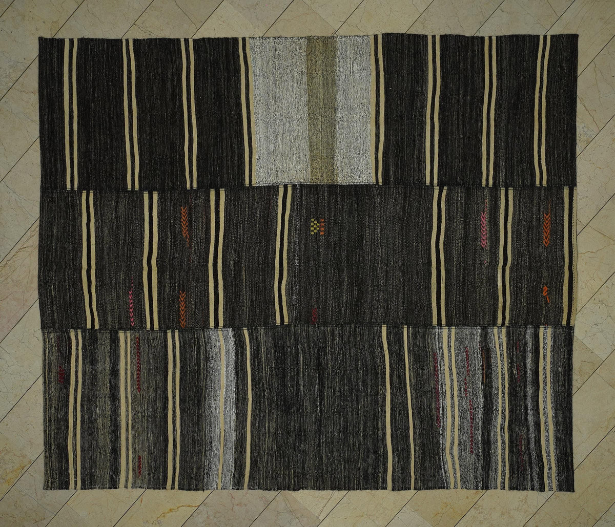 1960s Turkish Kilim Rug: 9x10 Broken Stripe, Anatolian Goat Hair Rugs