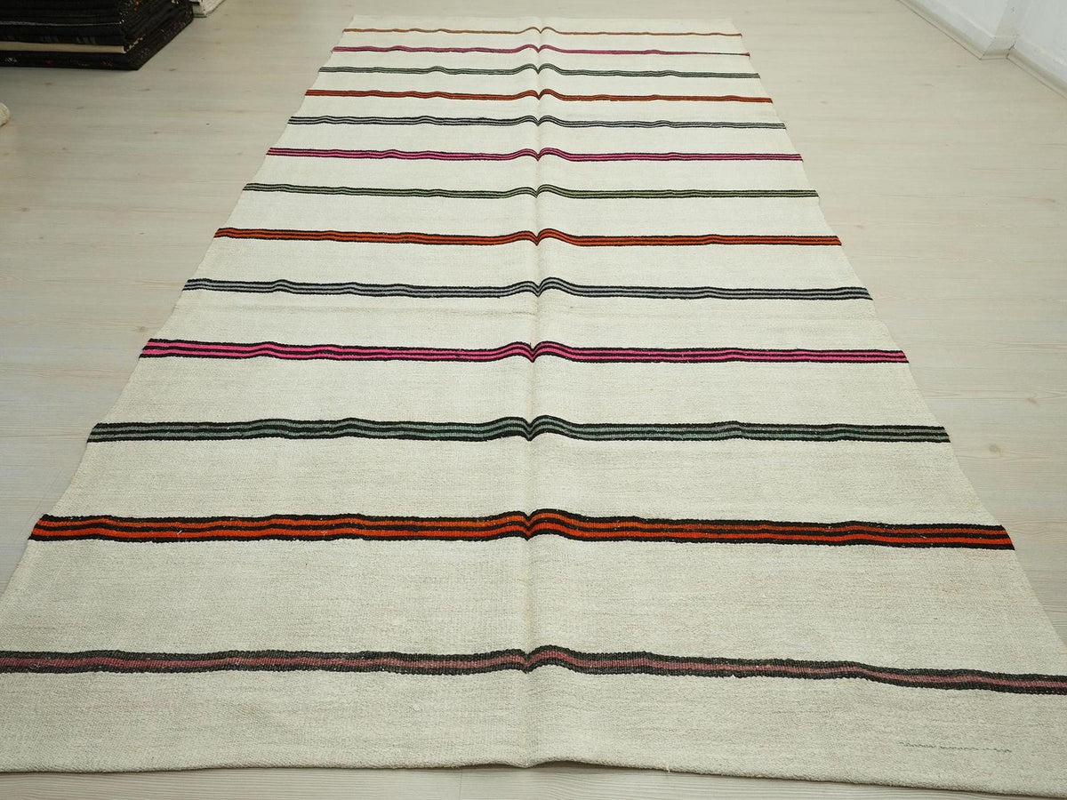 Multi Colors Stripe Handwoven Hemp Kilim Rug: 6x12 Minimalist Home Style Decor Organic Rugs.
