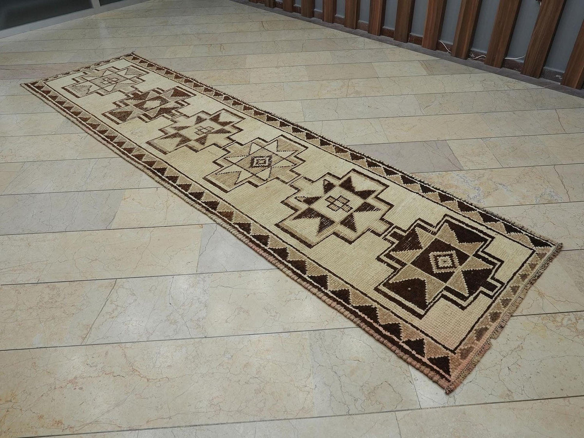 Vintage Turkish Wool Rug Runner: Handmade Bohemian Decor Long Rugs, 2.9"x11.3" Feet.
