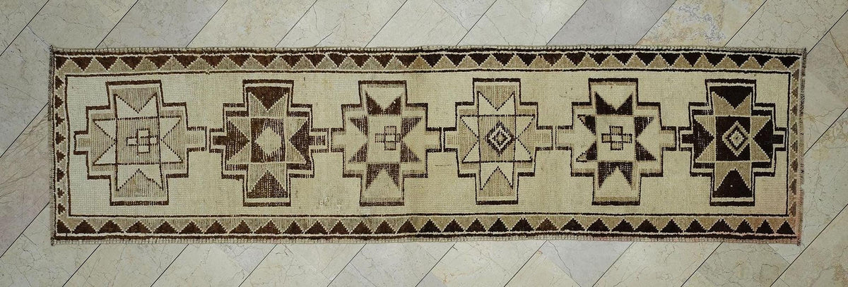 Vintage Turkish Wool Rug Runner: Handmade Bohemian Decor Long Rugs, 2.9"x11.3" Feet.