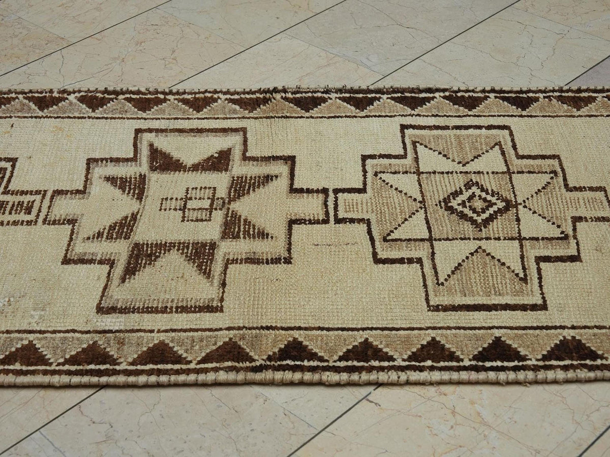 Vintage Turkish Wool Rug Runner: Handmade Bohemian Decor Long Rugs, 2.9"x11.3" Feet.