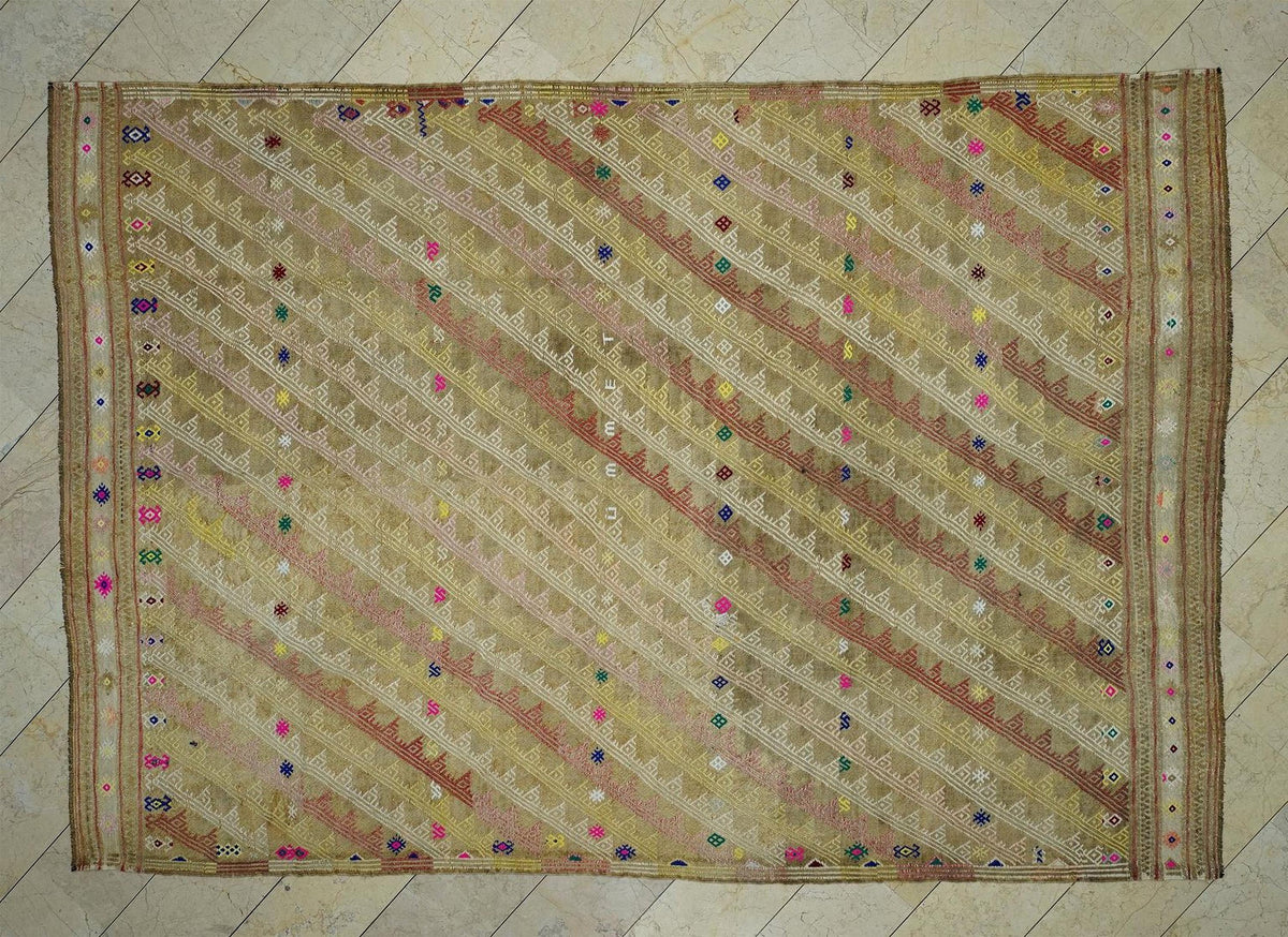 Oversized Coffee Brown Kilim Rug: Embroidered Turkish Tribal Flat-weave Rugs, 8.4"x11.9" Feet.