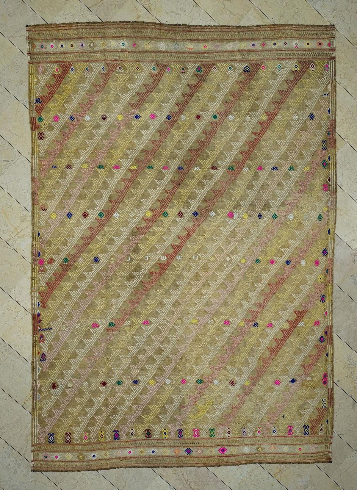 Oversized Coffee Brown Kilim Rug: Embroidered Turkish Tribal Flat-weave Rugs, 8.4"x11.9" Feet.