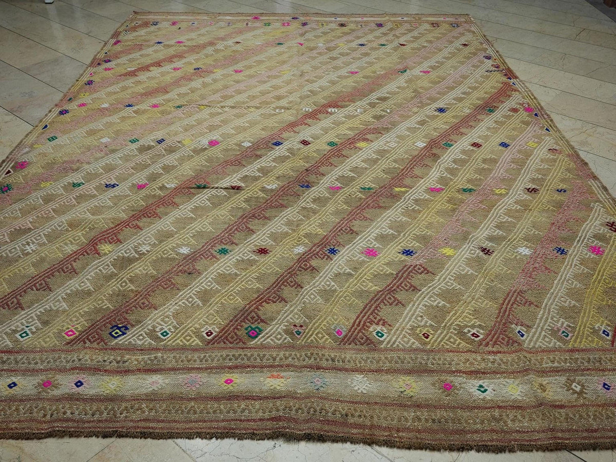 Oversized Coffee Brown Kilim Rug: Embroidered Turkish Tribal Flat-weave Rugs, 8.4"x11.9" Feet.