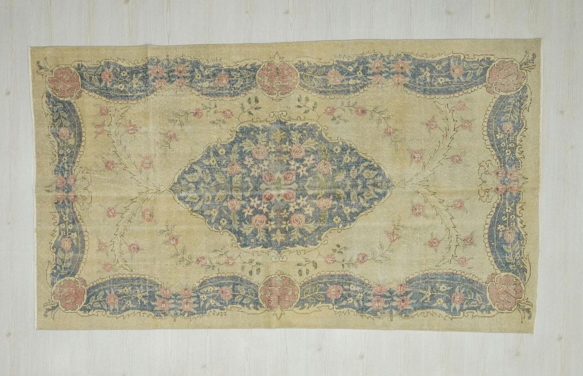 Small Vintage Turkish Oushak Rug: Handmade Wool Carpet Rugs, 4.6"x8.2" Feet.