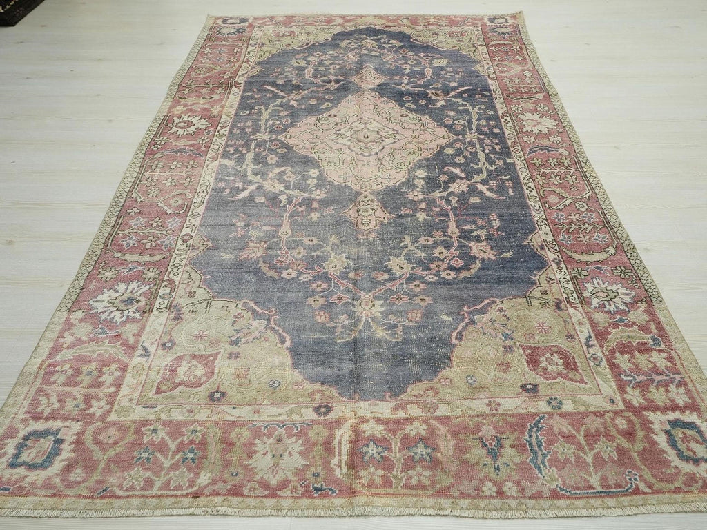 Navy Blue Vintage Turkish Oushak Rug: 5.2x9.3 Feet,Wool One Of A Kind Area Rugs.