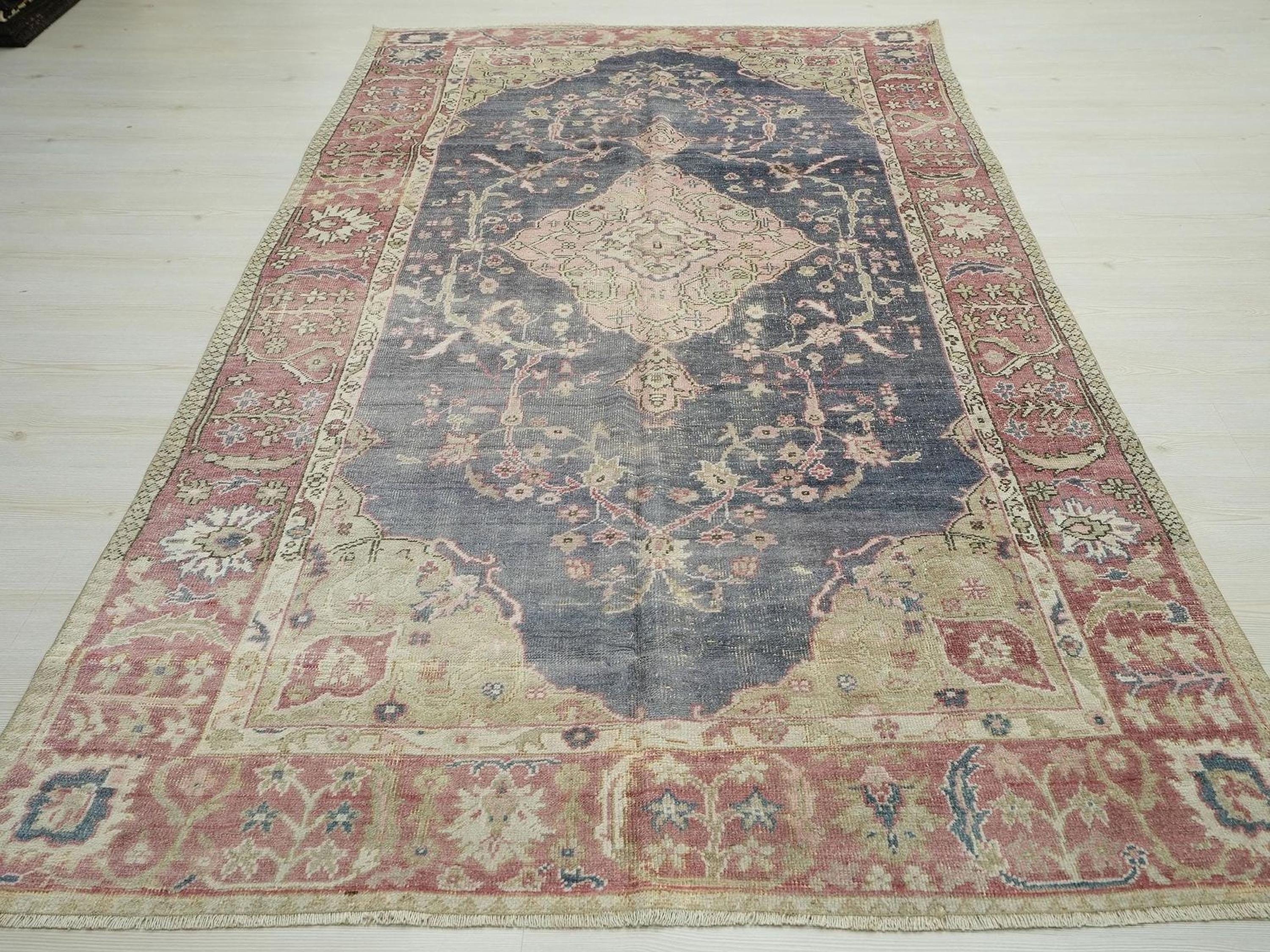 Navy Blue Vintage Turkish Oushak Rug: 5.2x9.3 Feet,Wool One Of A Kind Area Rugs.