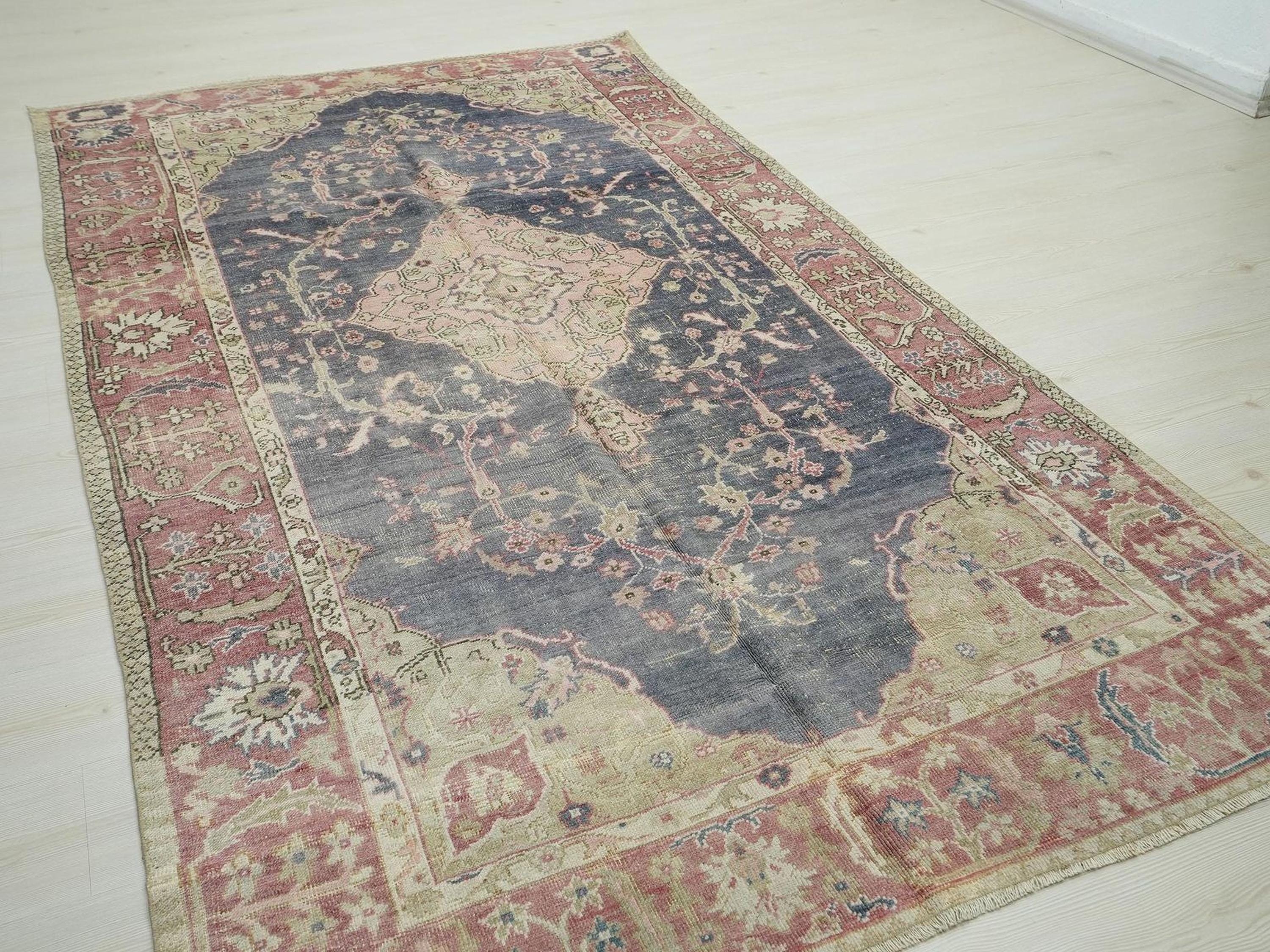 Navy Blue Vintage Turkish Oushak Rug: 5.2x9.3 Feet,Wool One Of A Kind Area Rugs.