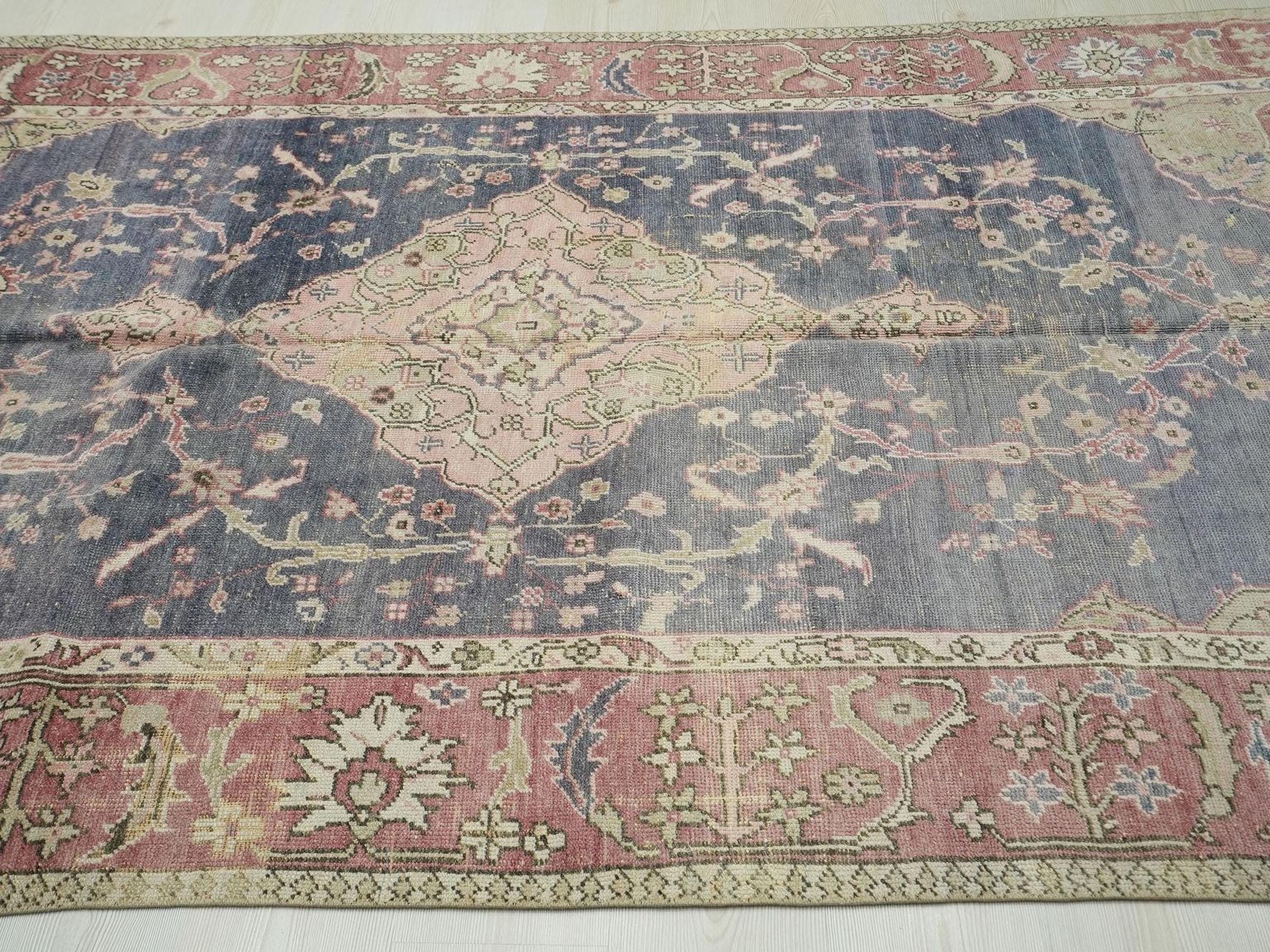 Navy Blue Vintage Turkish Oushak Rug: 5.2x9.3 Feet,Wool One Of A Kind Area Rugs.