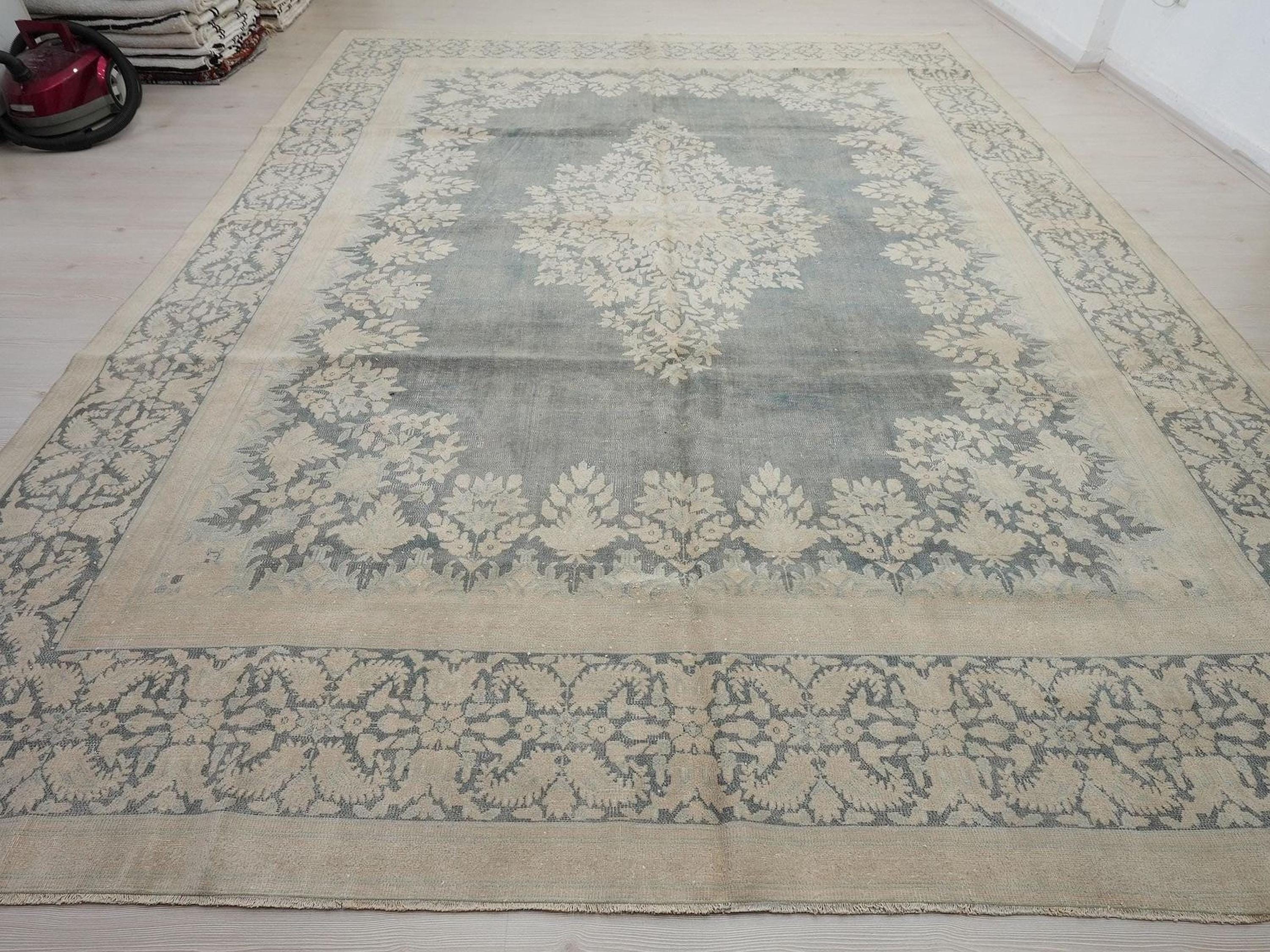 10x13 Oversize Gray-Blue Oushak Rug: Seasonal Home Decor Handwoven Vintage Carpet Rugs.