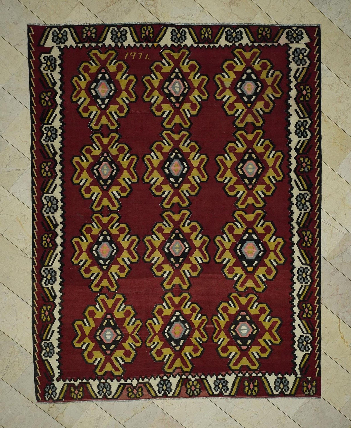 Red Turkish Kilim Rug: 8x10 Flat Weave Wool Farmhouse Decor Area Rugs.