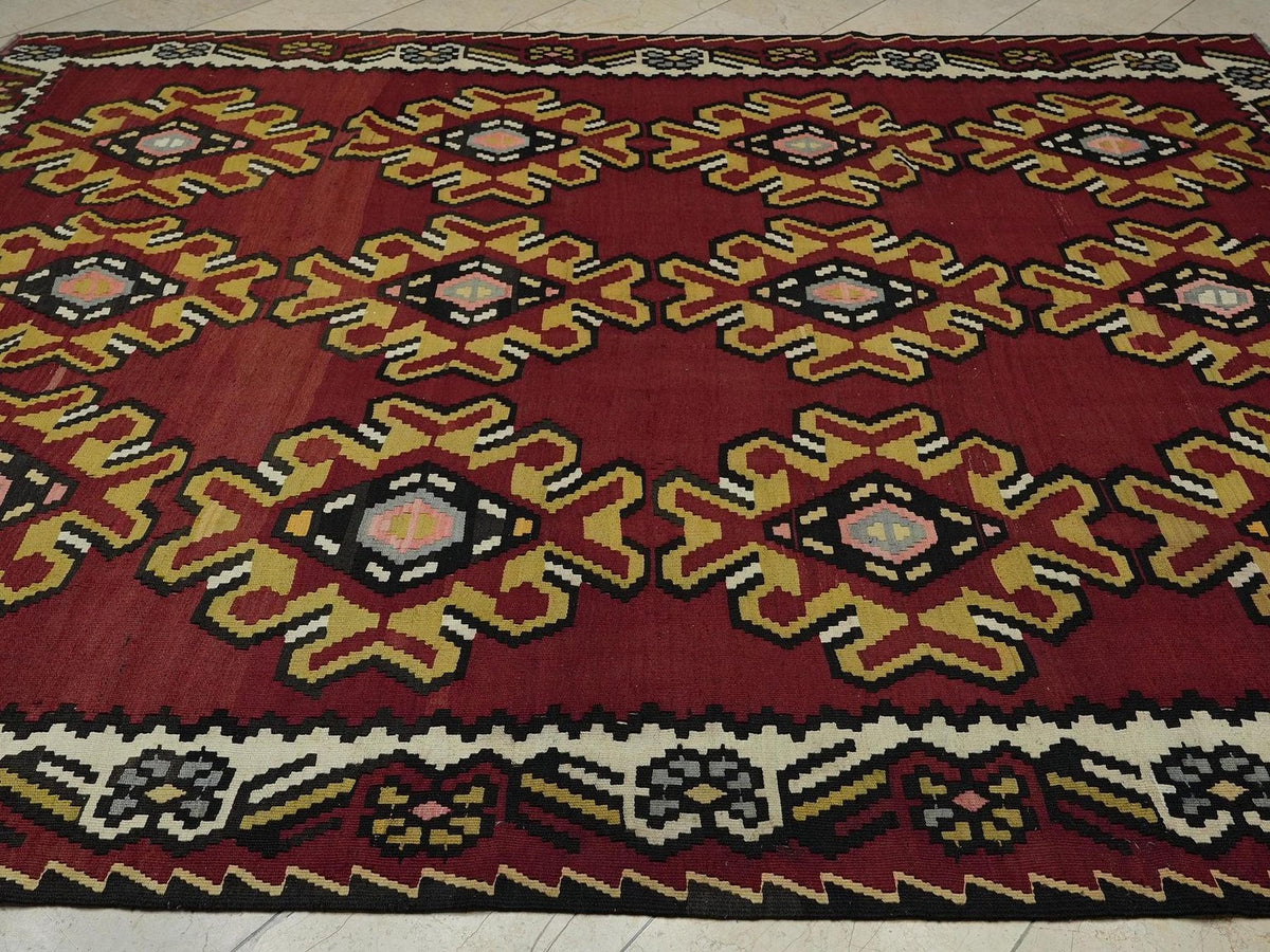 Red Turkish Kilim Rug: 8x10 Flat Weave Wool Farmhouse Decor Area Rugs.