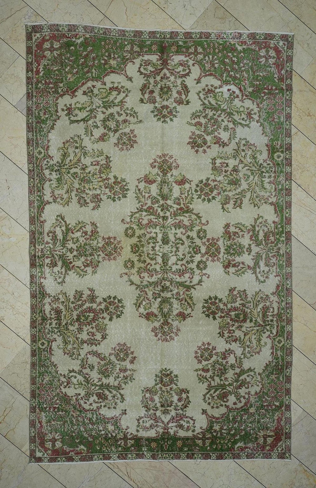 Vintage Floral Oushak Carpet Rug: 6.3x10.2 Feet, Green & Beige Large Turkish Area Rugs