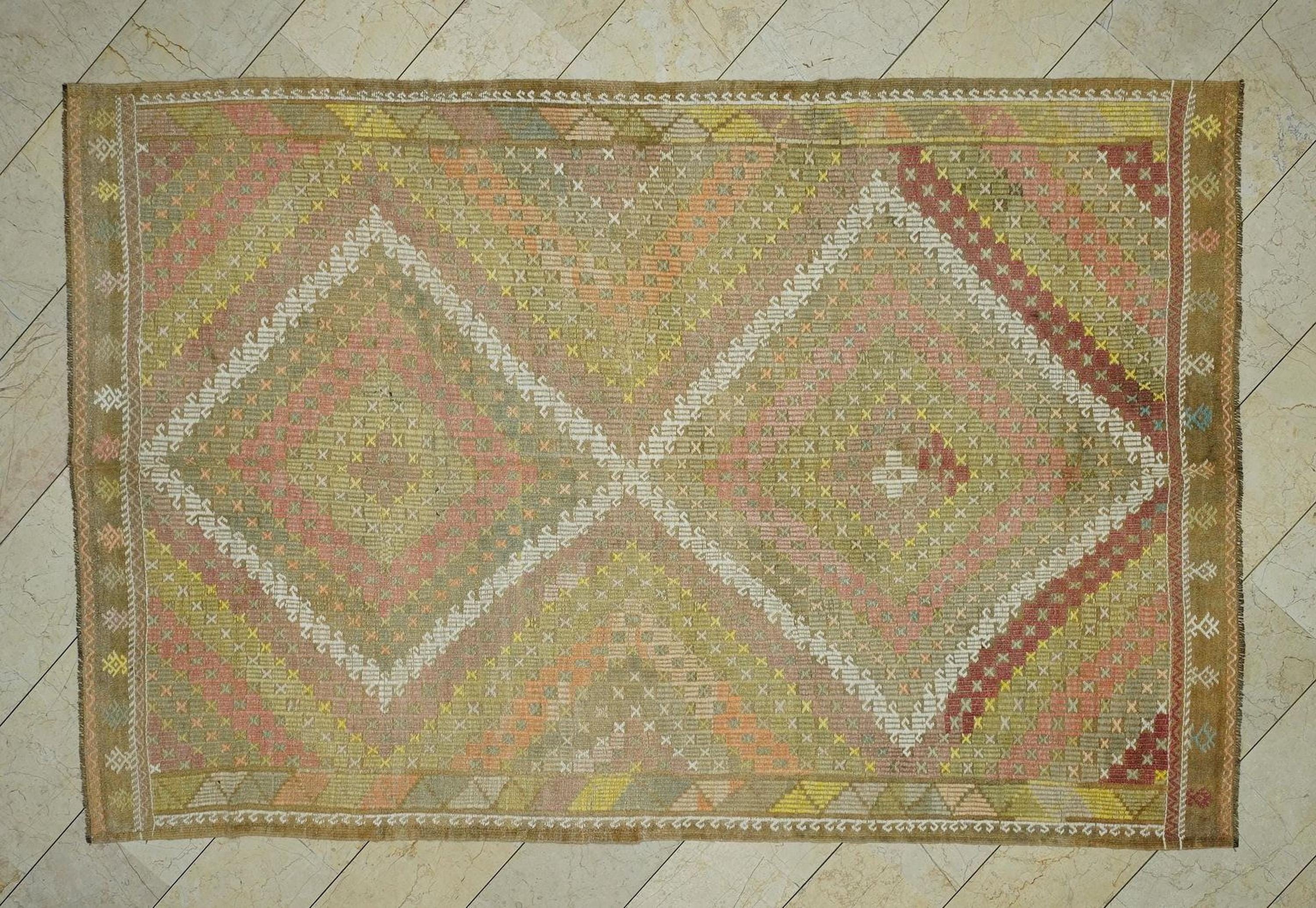 Vintage Turkish Kilim Rug: Coffee Brown Embroidered Wool, Mid-Century Home Rugs, 6.4x9.8 ft.
