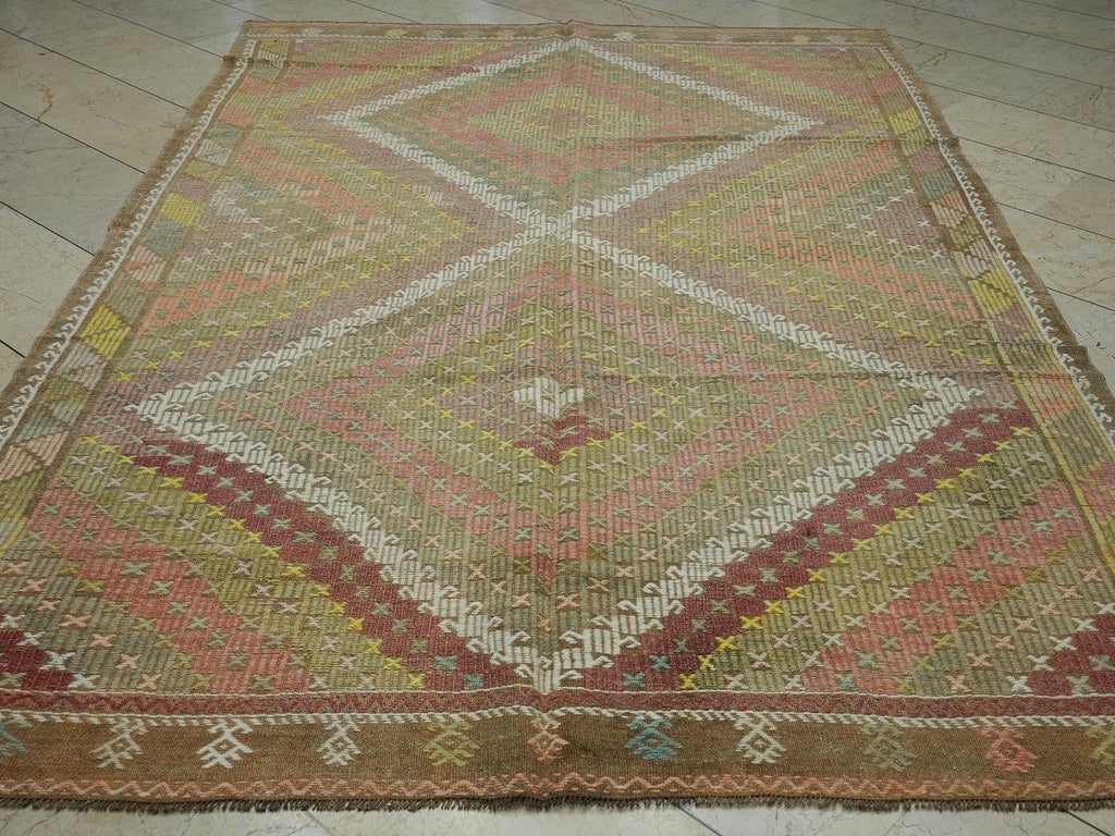 Vintage Turkish Kilim Rug: Coffee Brown Embroidered Wool, Mid-Century Home Rugs, 6.4x9.8 ft.
