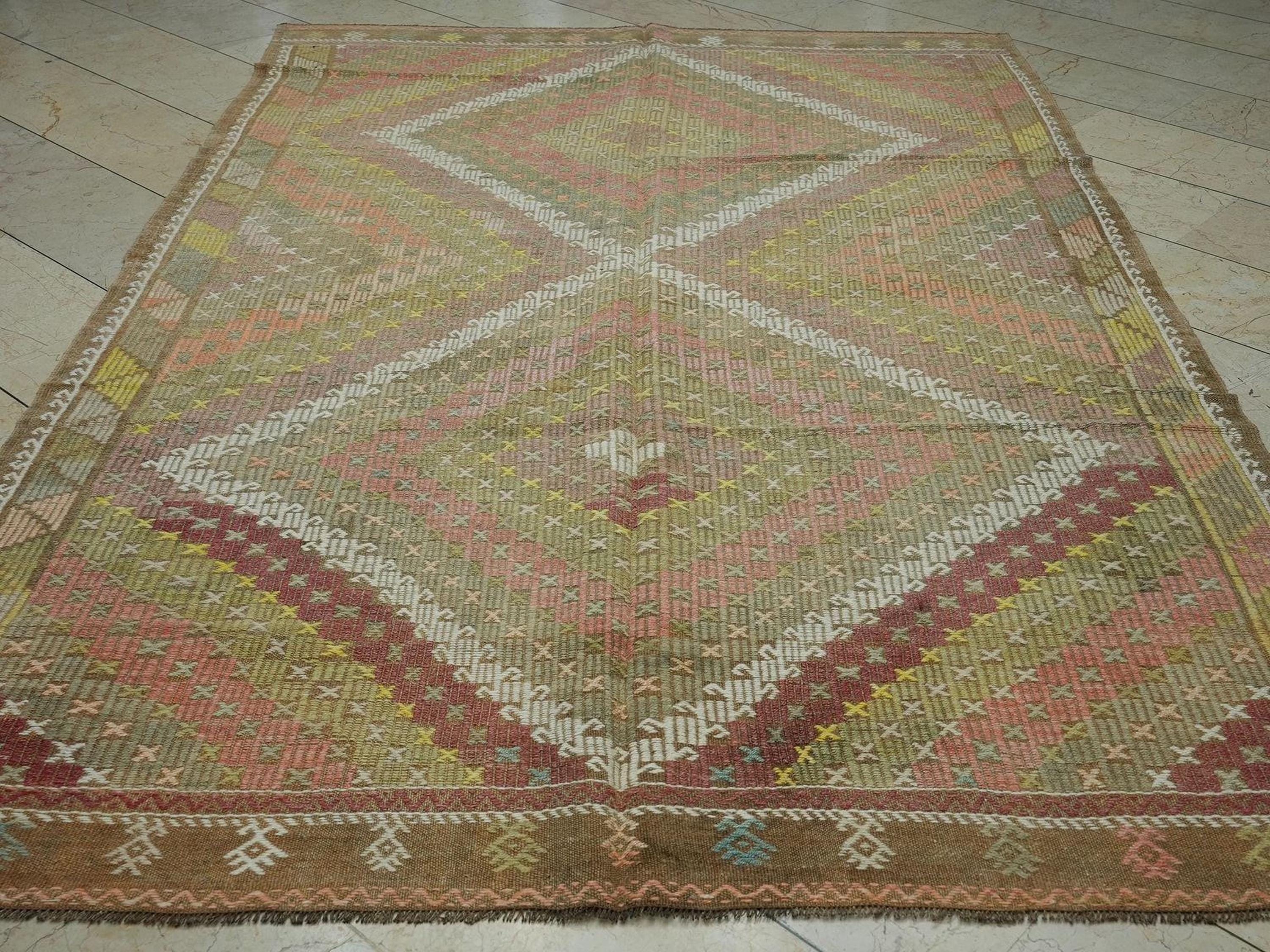 Vintage Turkish Kilim Rug: Coffee Brown Embroidered Wool, Mid-Century Home Rugs, 6.4x9.8 ft.