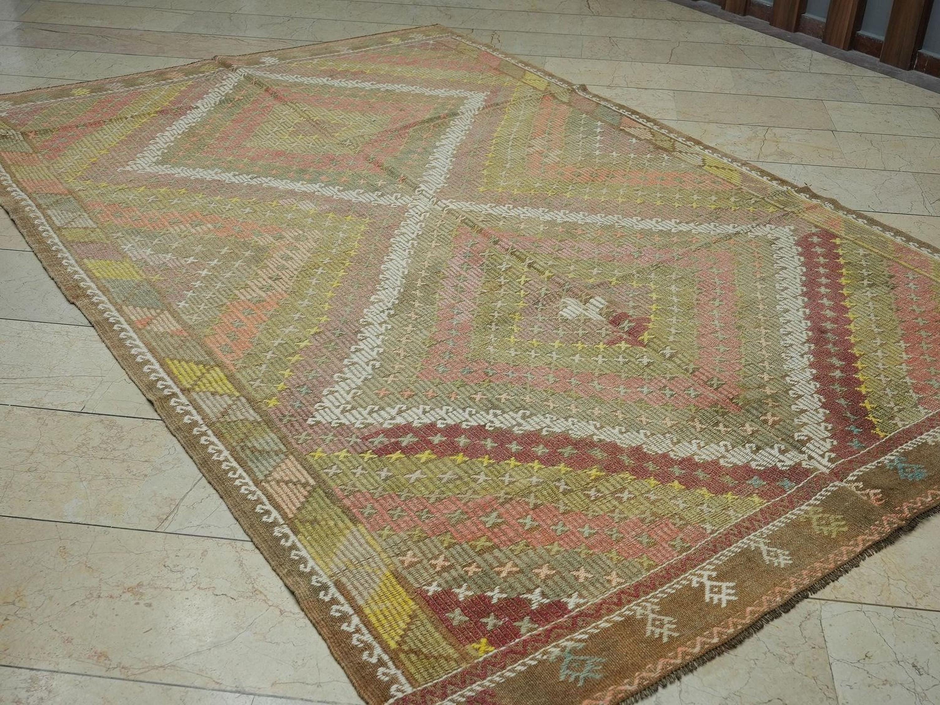Vintage Turkish Kilim Rug: Coffee Brown Embroidered Wool, Mid-Century Home Rugs, 6.4x9.8 ft.