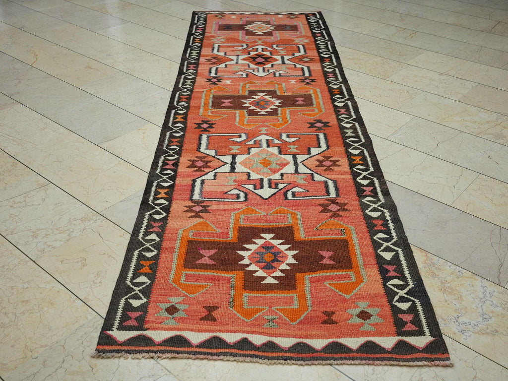 Colorful Turkish Dowry Kilim Rug Runner: 3.2x10.6 Feet,Soft Wool Flat Woven Rugs