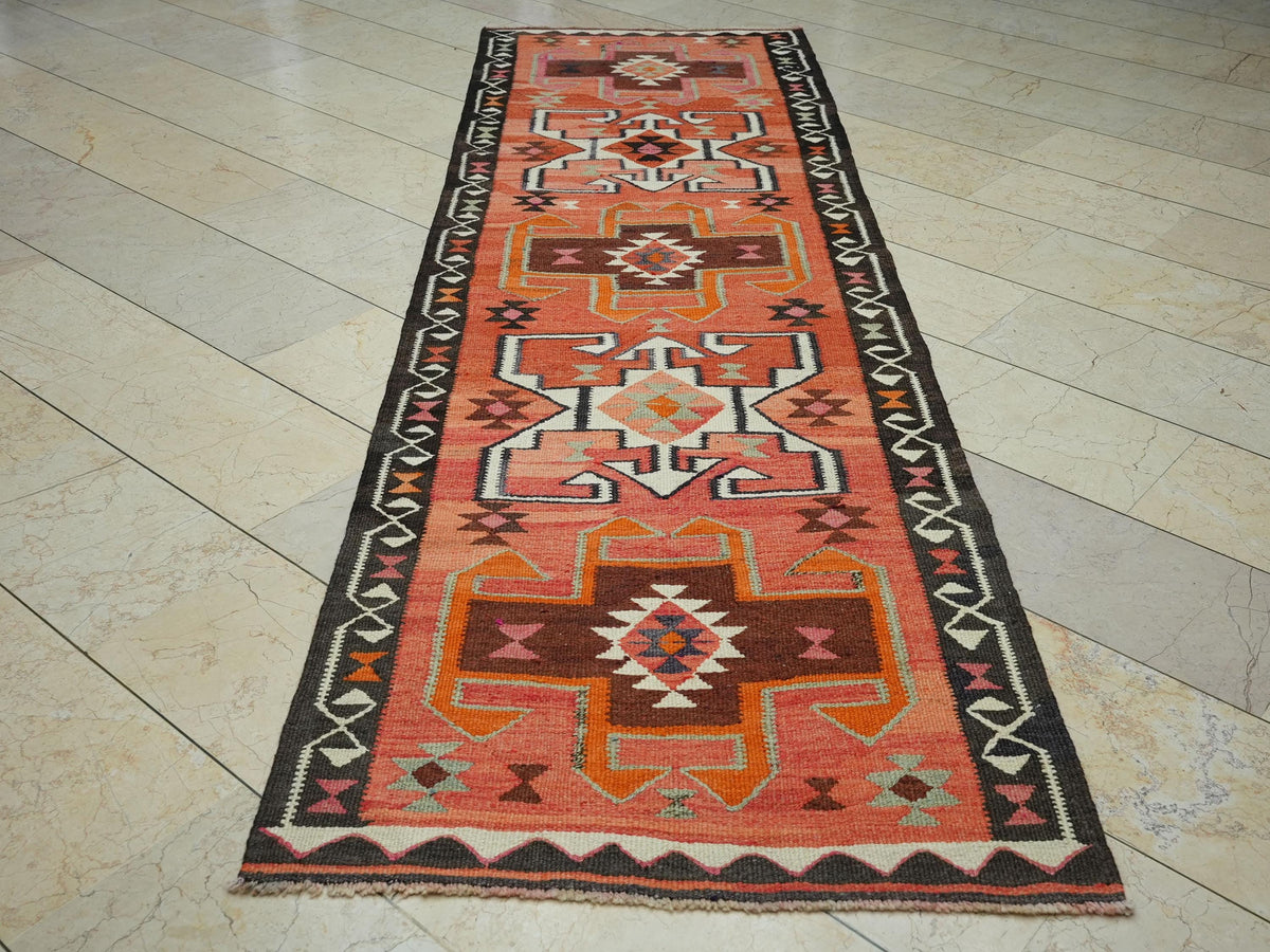 Colorful Turkish Dowry Kilim Rug Runner: 3.2x10.6 Feet,Soft Wool Flat Woven Rugs