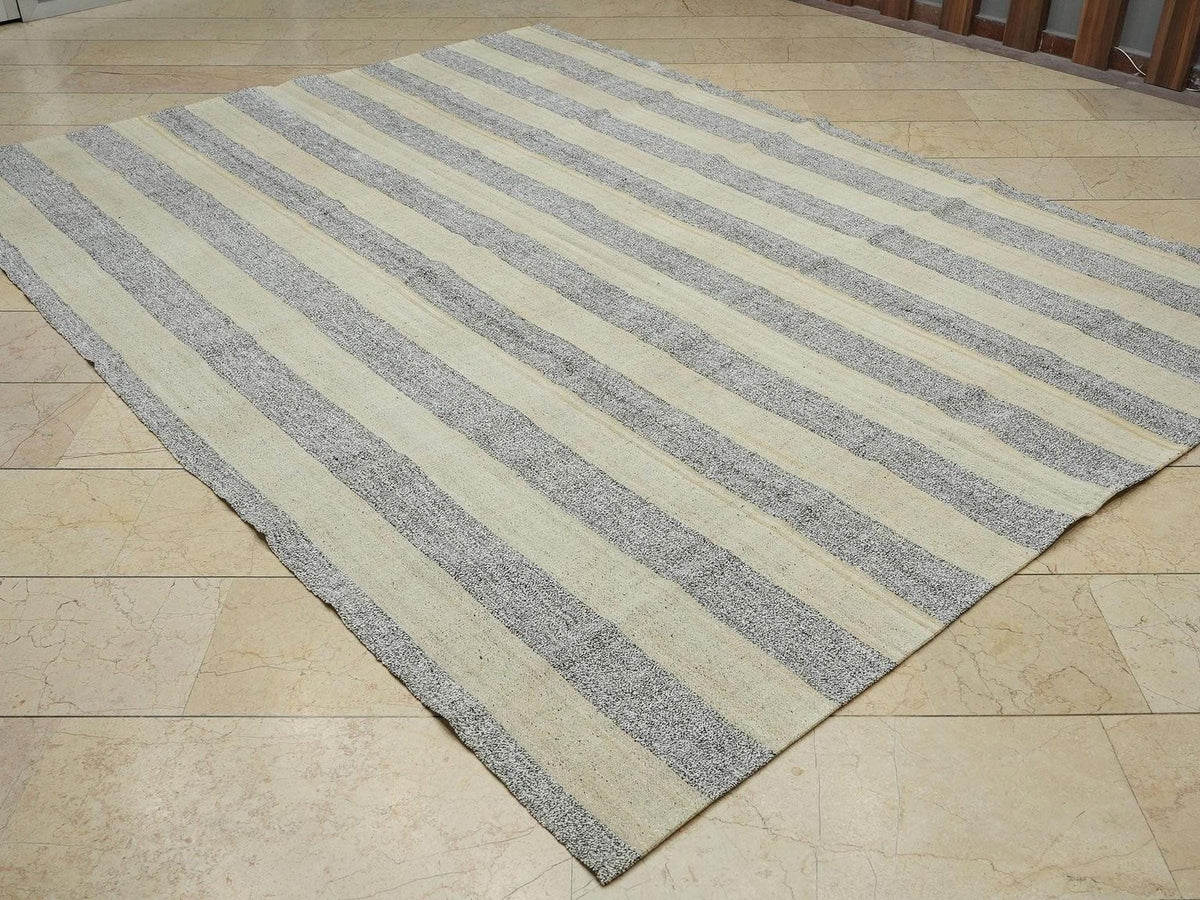 7.5x10 Large Natural Gray Striped Kilim Rug: Summer Outdoor Decor Flat Weave Turkish Rugs