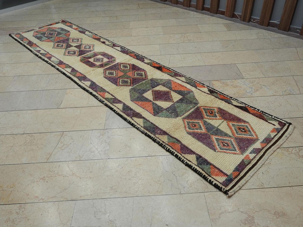 Handmade Turkish Anatolian Wool Rug Runner:  Farmhouse Decor Long Rugs 2,7"x12" Feet.
