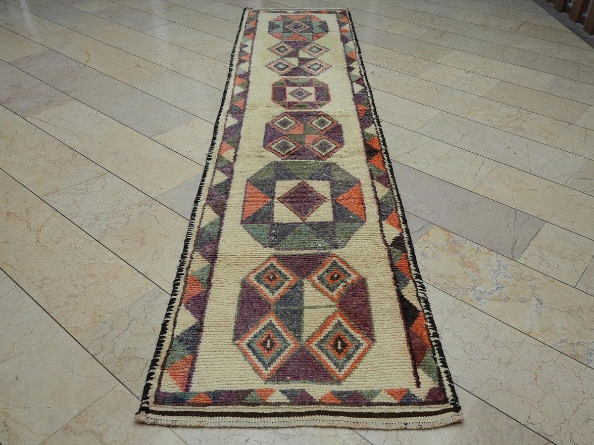 Handmade Turkish Anatolian Wool Rug Runner:  Farmhouse Decor Long Rugs 2,7"x12" Feet.