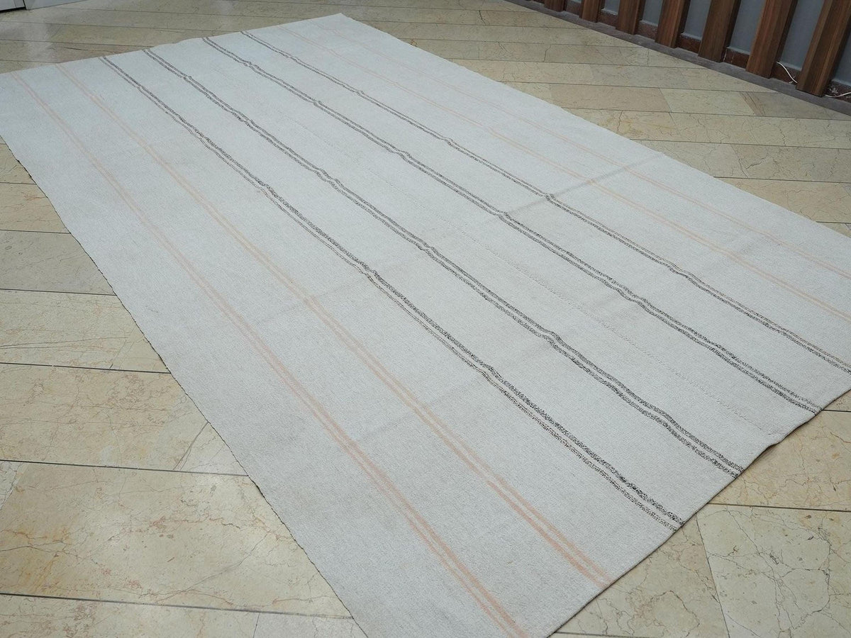 Sweden Style Striped Turkish Kilim Rug,7x12 Natural ivory Gray Home Living Decor Rugs