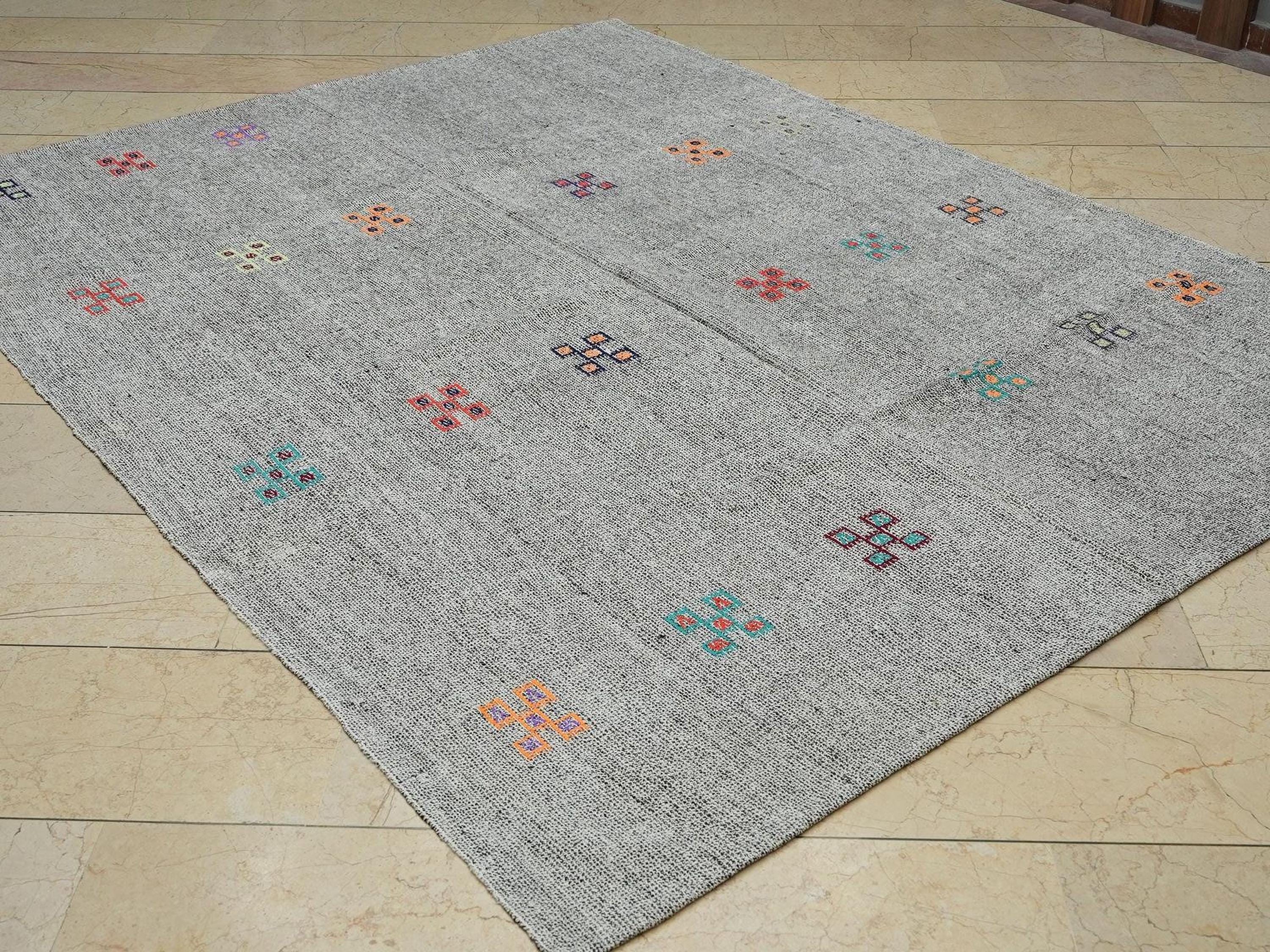 Summer Outdoor Decor: Natural Gray Turkish Kilim Rug, Goat Hair - Cotton Woven Rugs 7x9