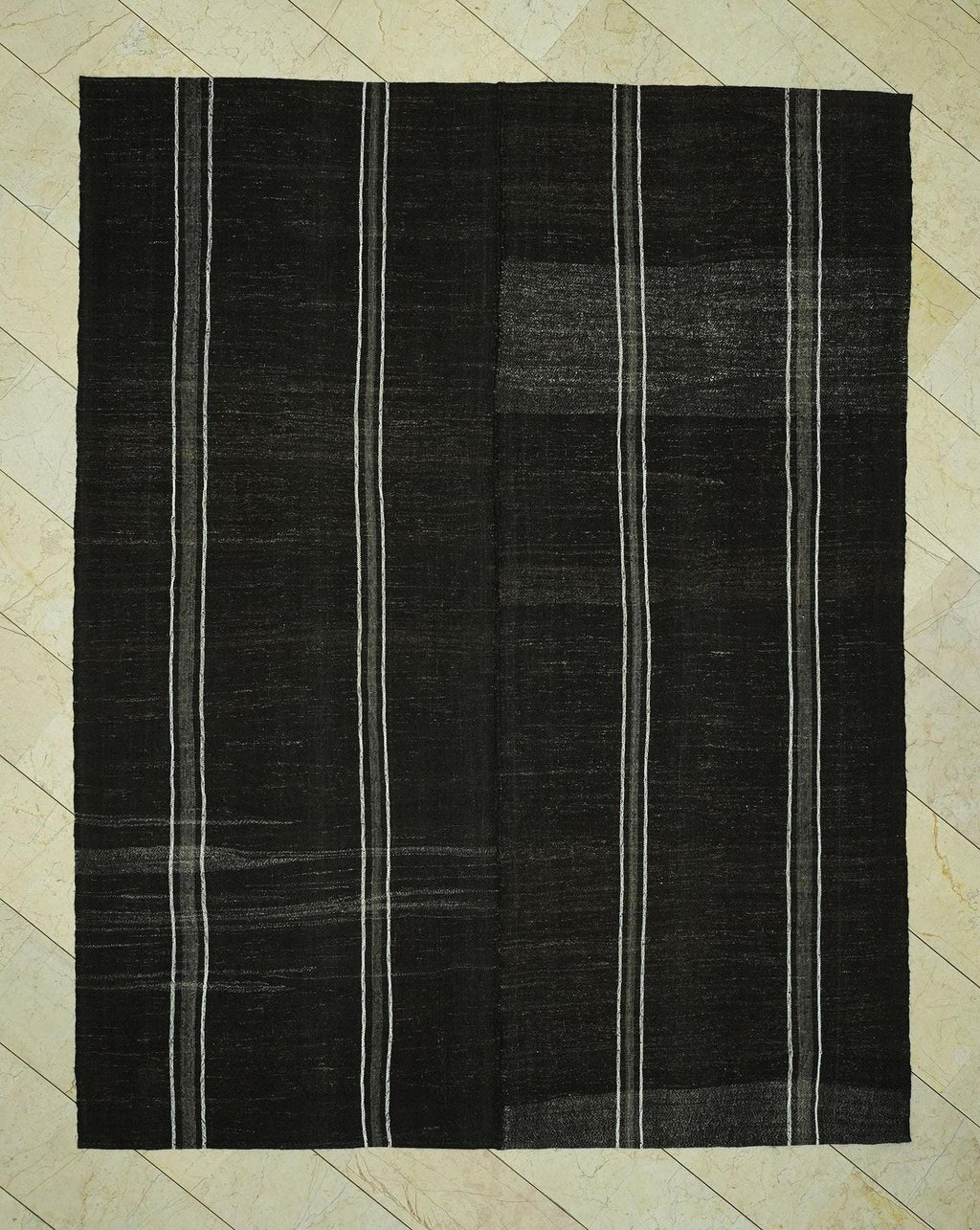 Mid-Century Modern Goat Hair Kilim Rug - 7.7x9.9 ft - Primitive Stripe Rugs