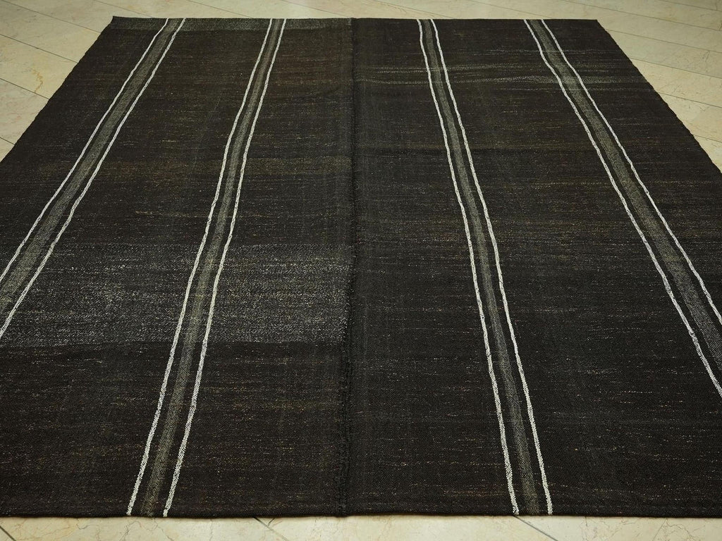 Mid-Century Modern Goat Hair Kilim Rug - 7.7x9.9 ft - Primitive Stripe Rugs