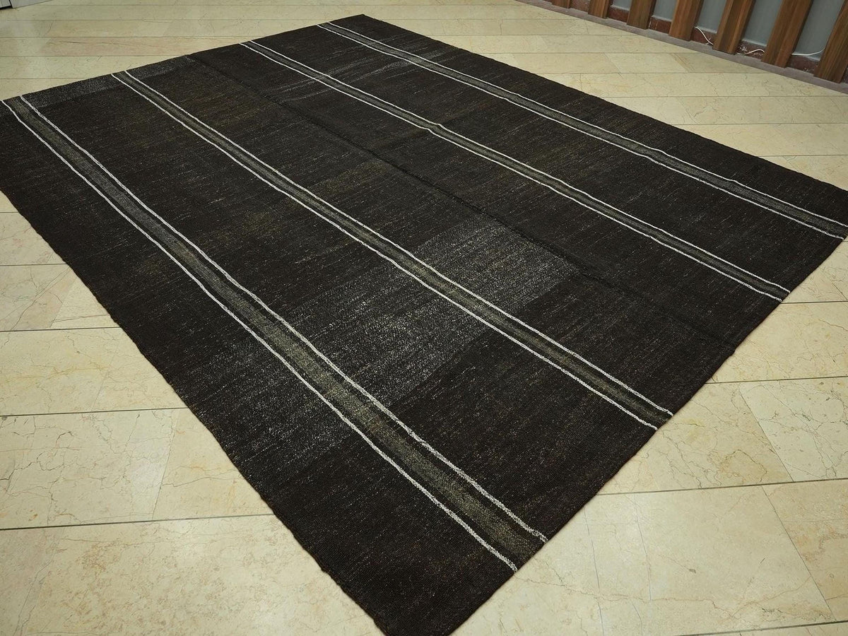 Mid-Century Modern Goat Hair Kilim Rug - 7.7x9.9 ft - Primitive Stripe Rugs