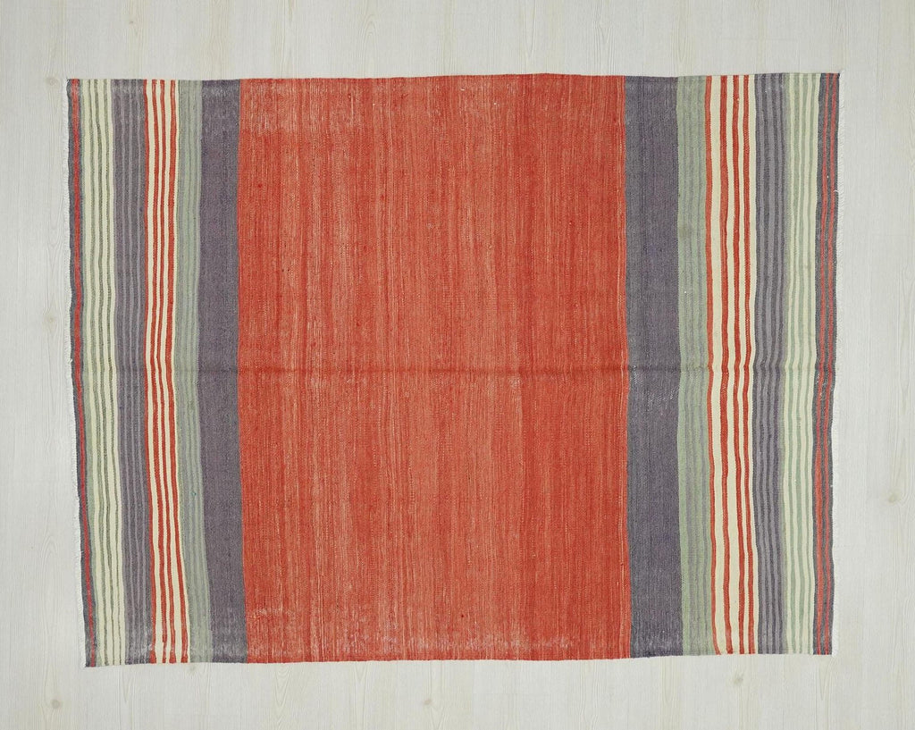 Red Turkish Kilim Rug: 1950s Handmade Flat Weave, Bohemian Decor (4.9x6.4 ft)