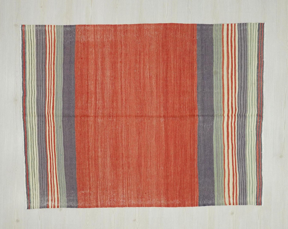 Red Turkish Kilim Rug: 1950s Handmade Flat Weave, Bohemian Decor (4.9x6.4 ft)
