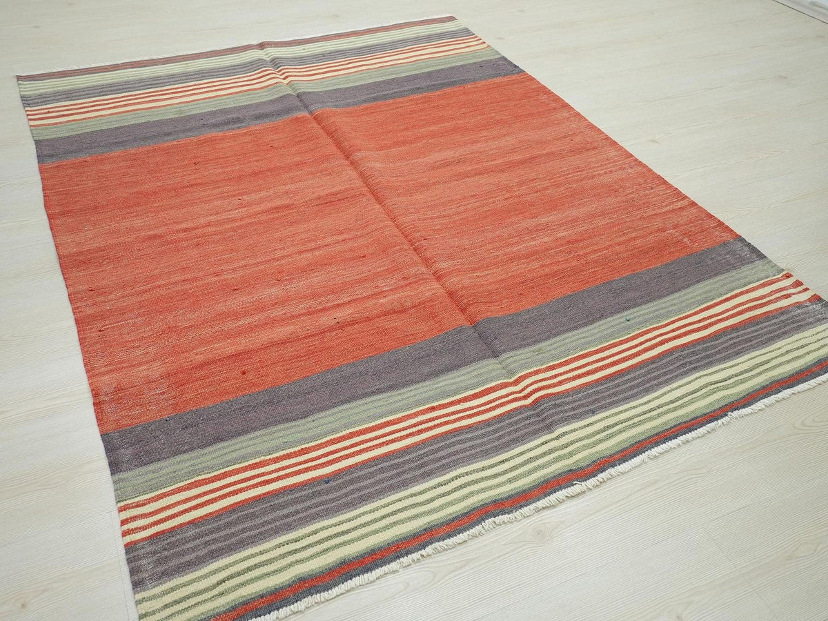 Red Turkish Kilim Rug: 1950s Handmade Flat Weave, Bohemian Decor (4.9x6.4 ft)