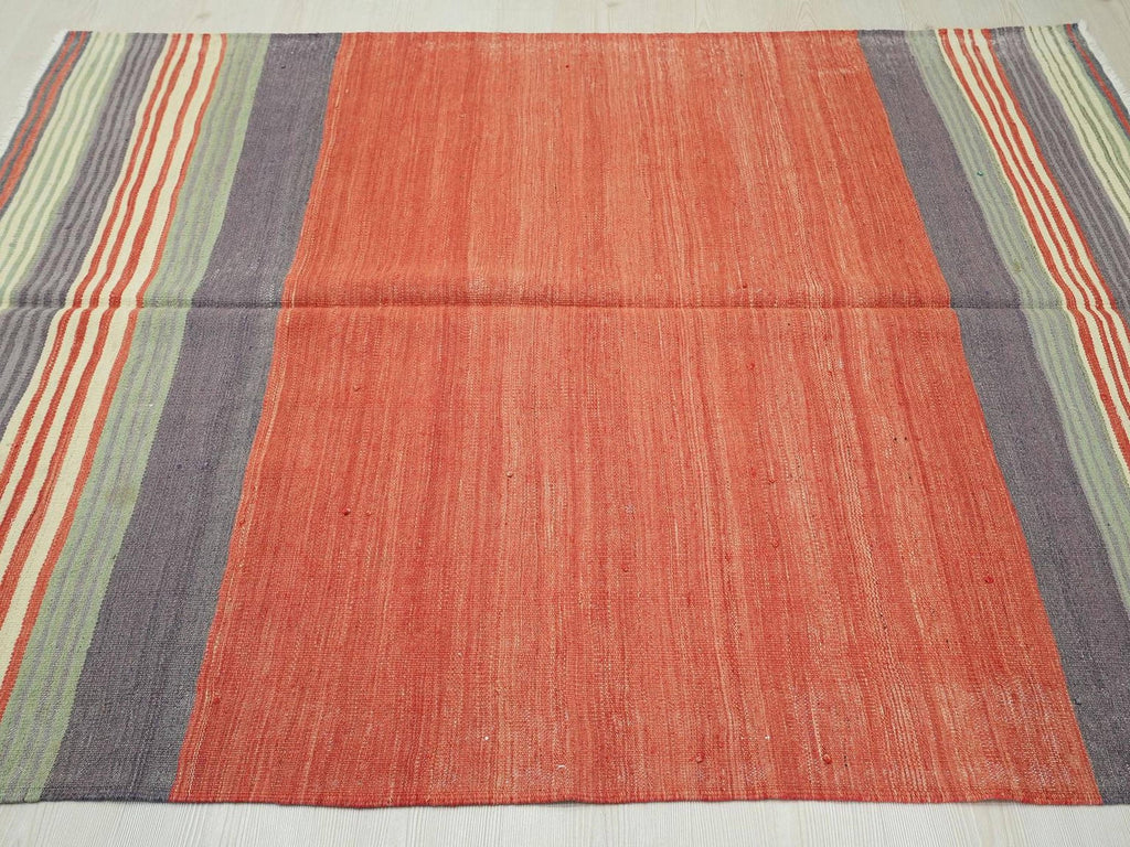 Red Turkish Kilim Rug: 1950s Handmade Flat Weave, Bohemian Decor (4.9x6.4 ft)